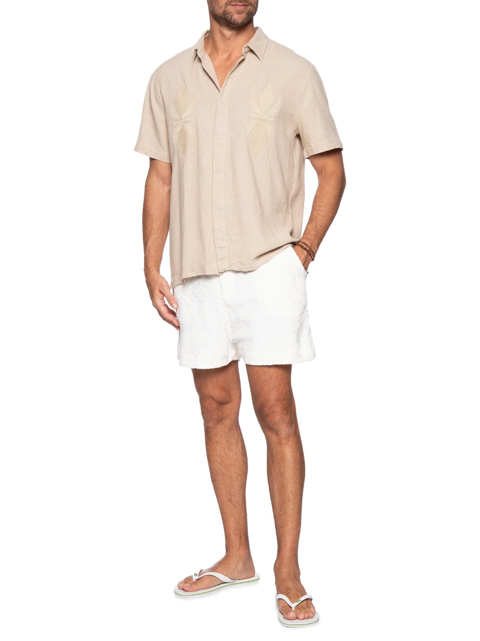 Camisa Masculina Manga Curta Linen Bordado Bege Osklen