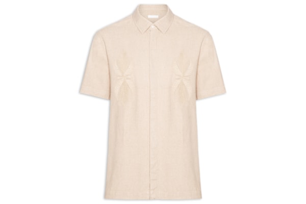 Camisa Masculina Manga Curta Linen Bordado - Bege