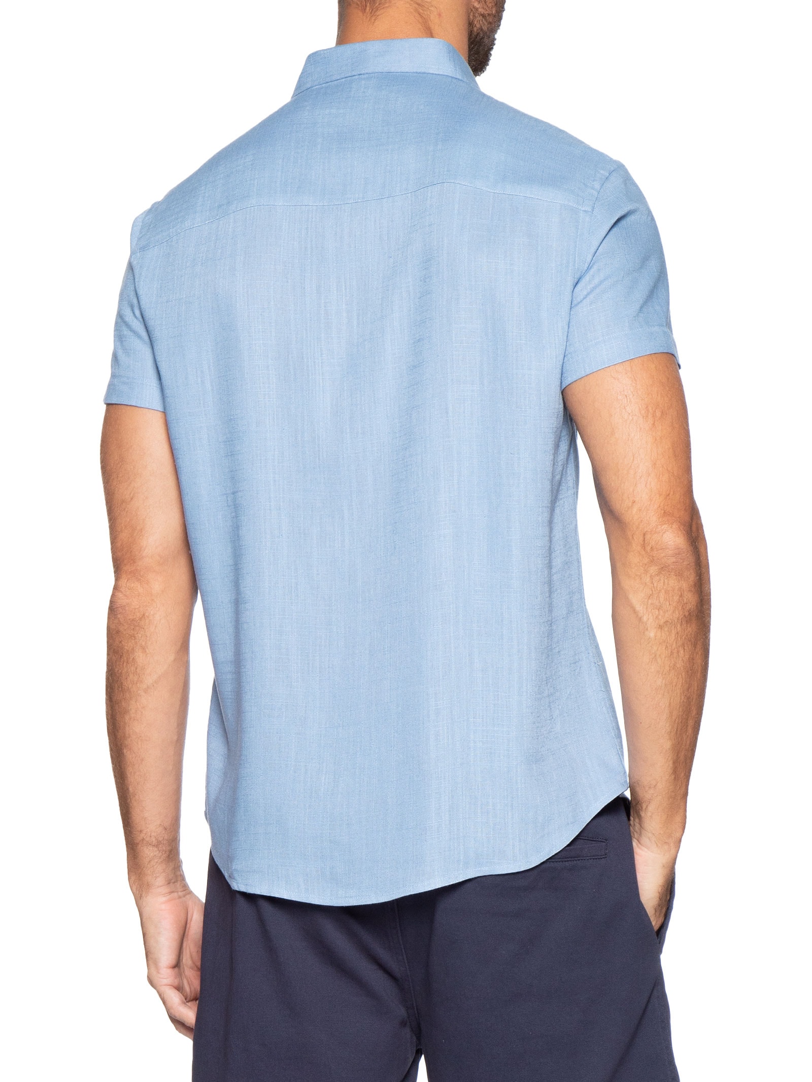 Camisa Masculina Manga Curta Linho  Azul Sergio K