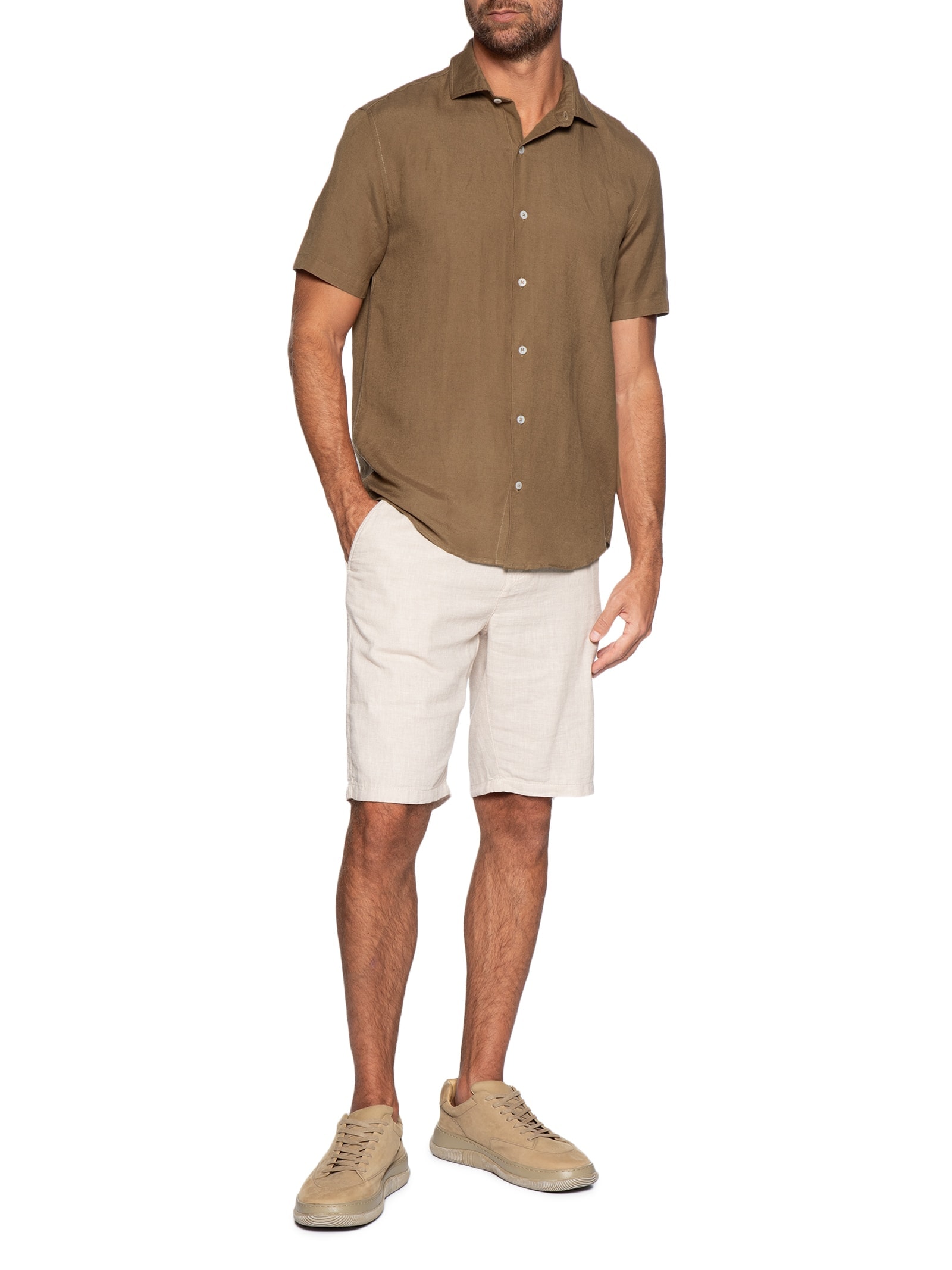 Camisa Masculina Manga Curta Linho Enseada New Marrom Foxton