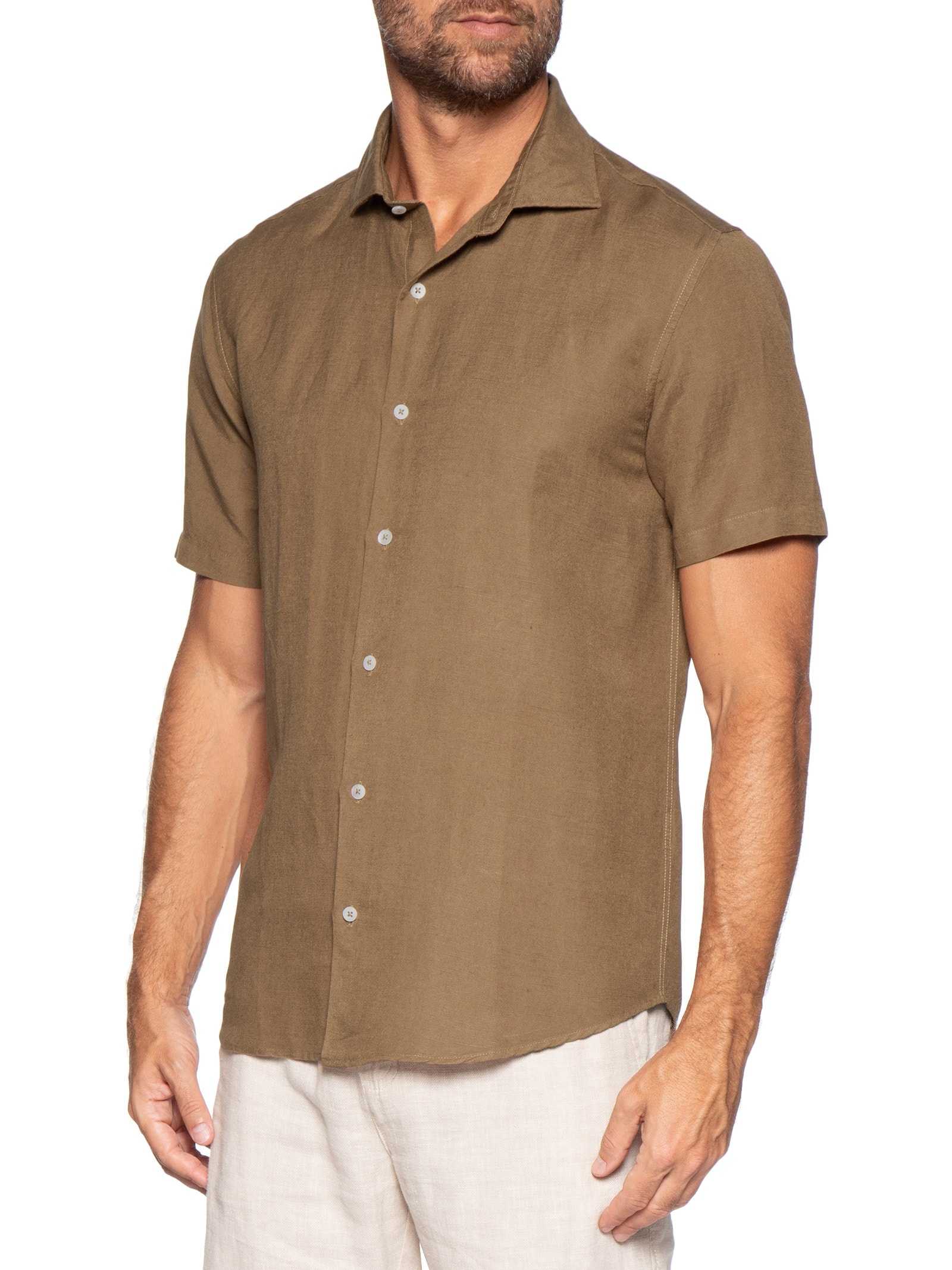 Camisa Masculina Manga Curta Linho Enseada New Marrom Foxton