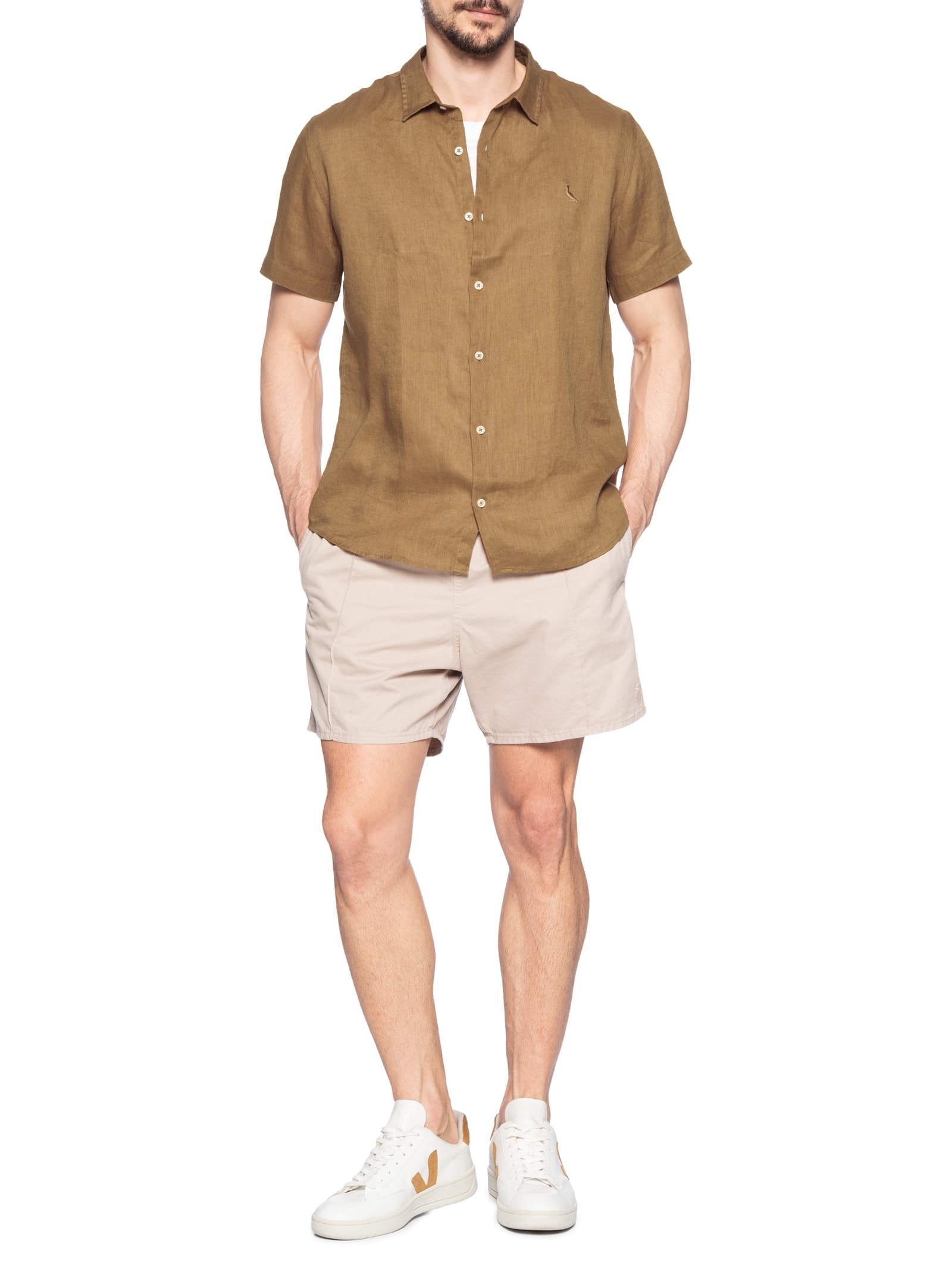 Camisa Masculina Manga Curta Linho Marrom Reserva