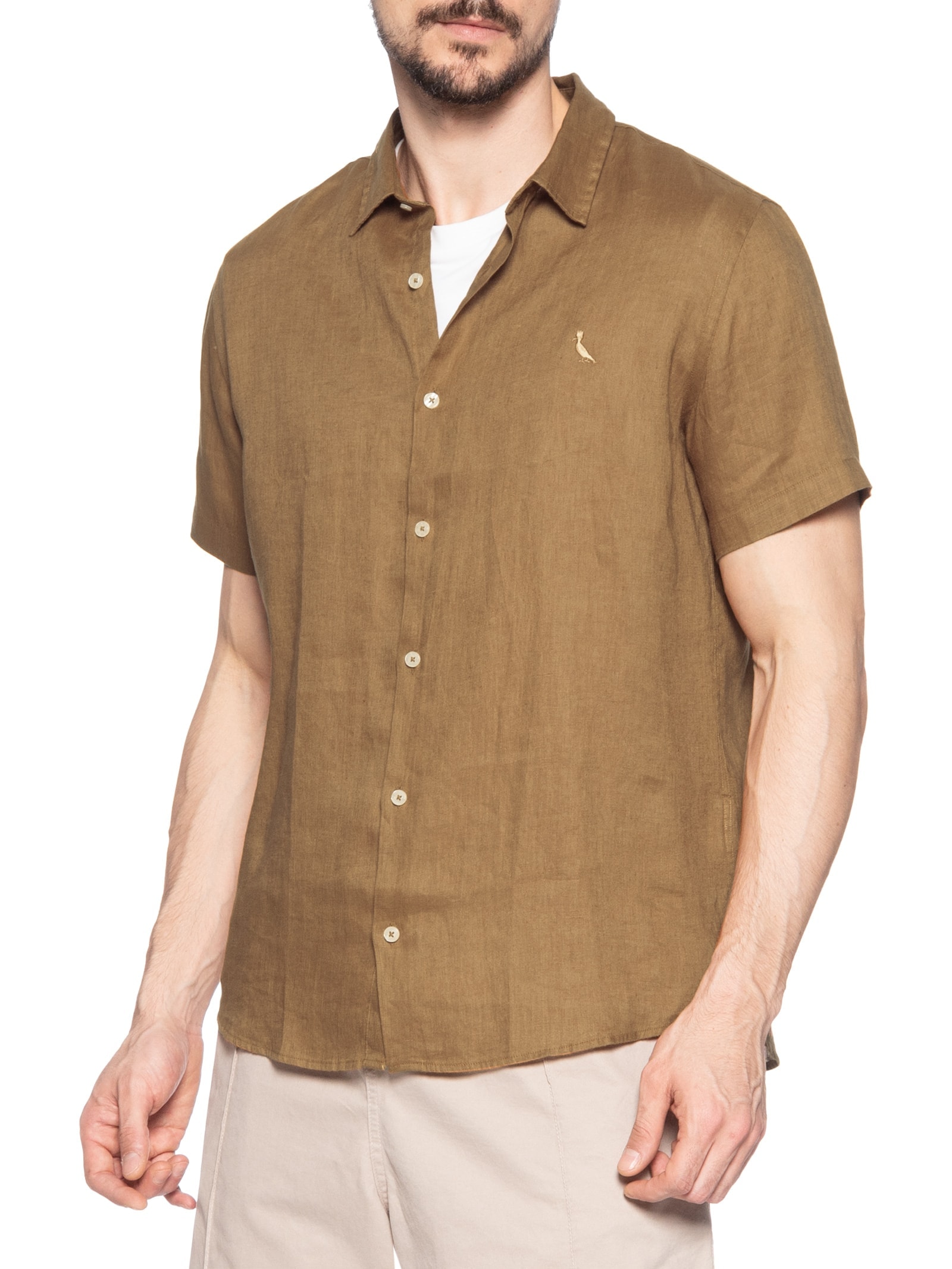 Camisa Masculina Manga Curta Linho Marrom Reserva