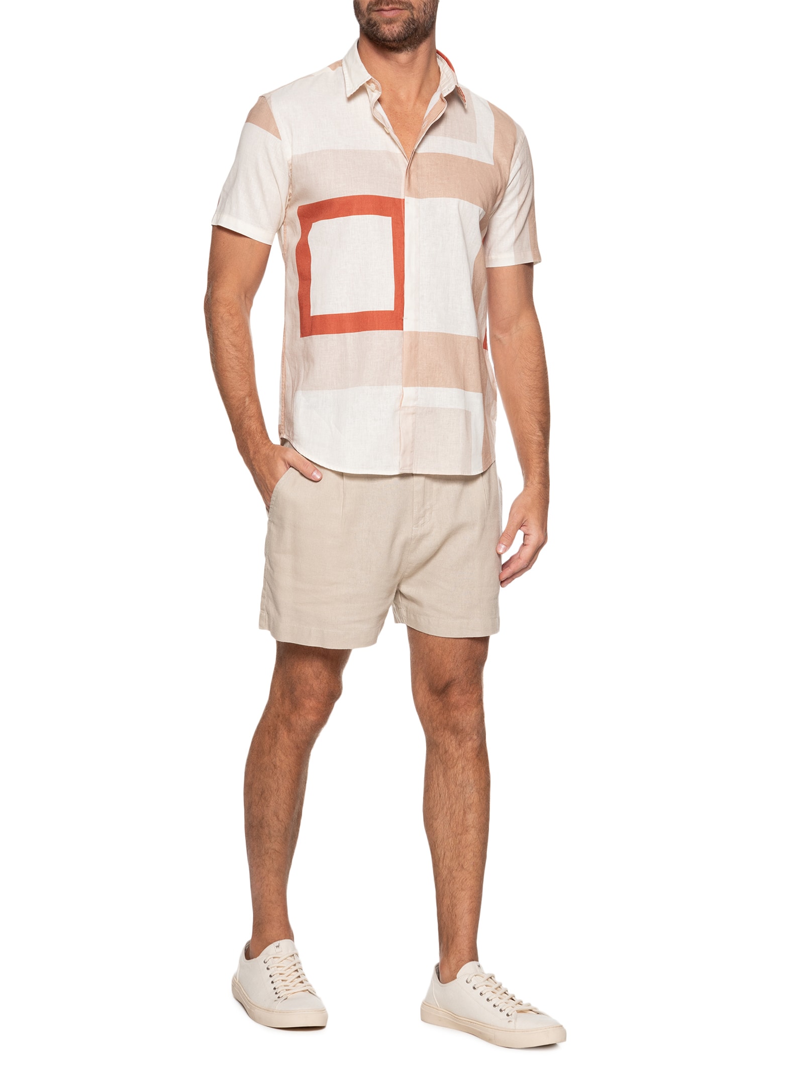 Camisa Masculina Manga Curta Linho Quadra Bege  Foxton