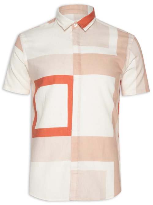 Camisa Masculina Manga Curta Linho Quadra - Bege