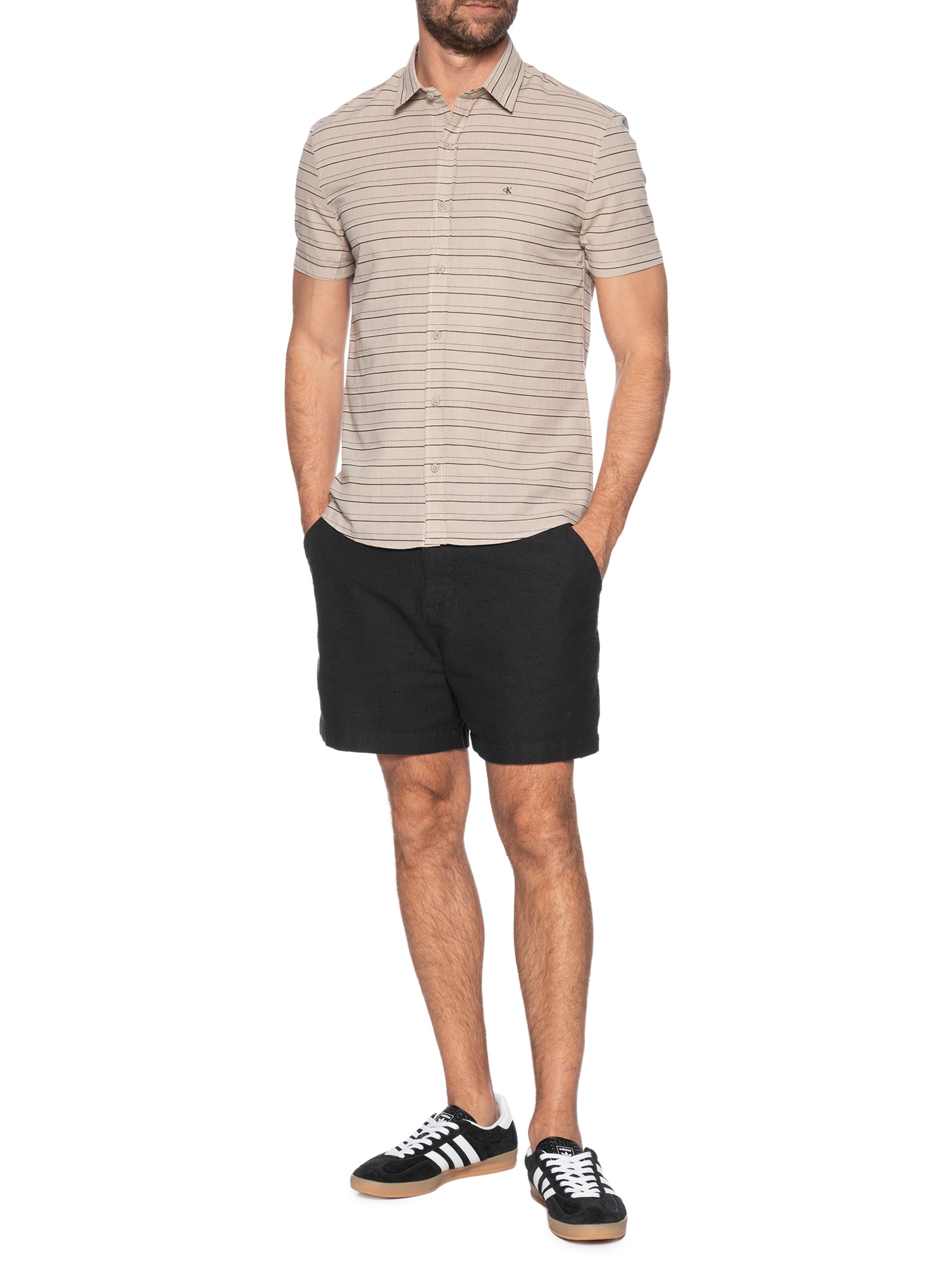 Camisa Masculina Manga Curta Listras Bege Calvin Klein Jeans