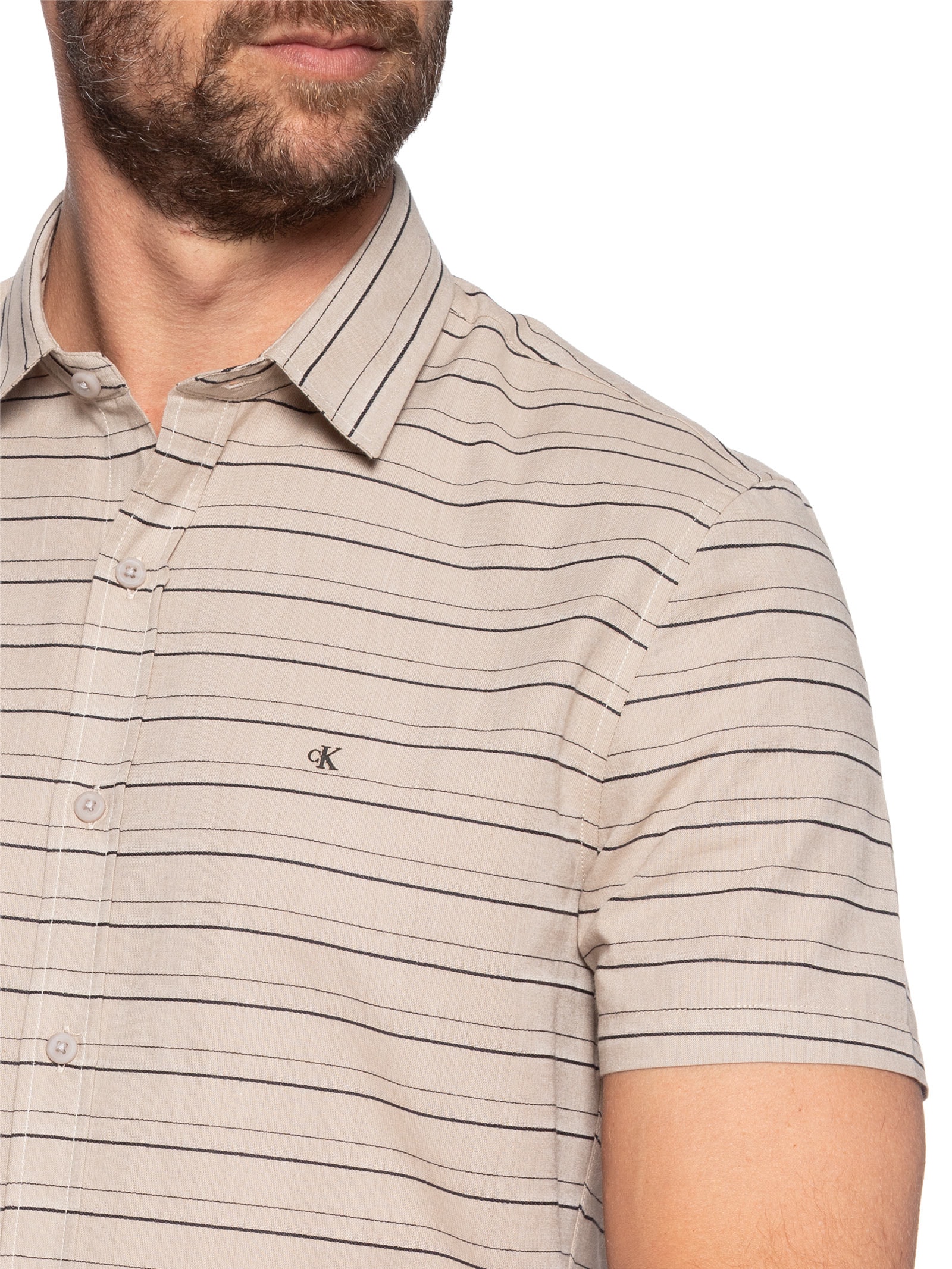 Camisa Masculina Manga Curta Listras Bege Calvin Klein Jeans