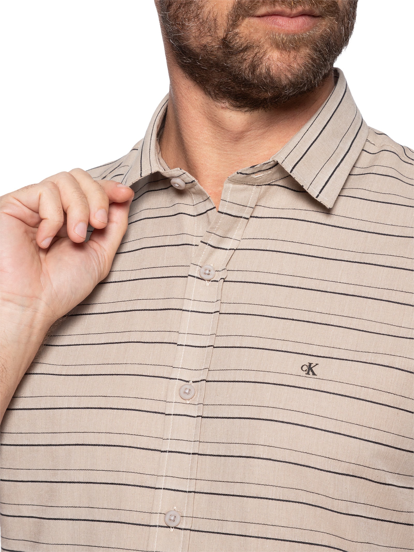 Camisa Masculina Manga Curta Listras Bege Calvin Klein Jeans