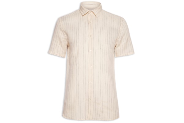 Camisa Masculina Manga Curta Puro Linho Listra Maldivas - Bege