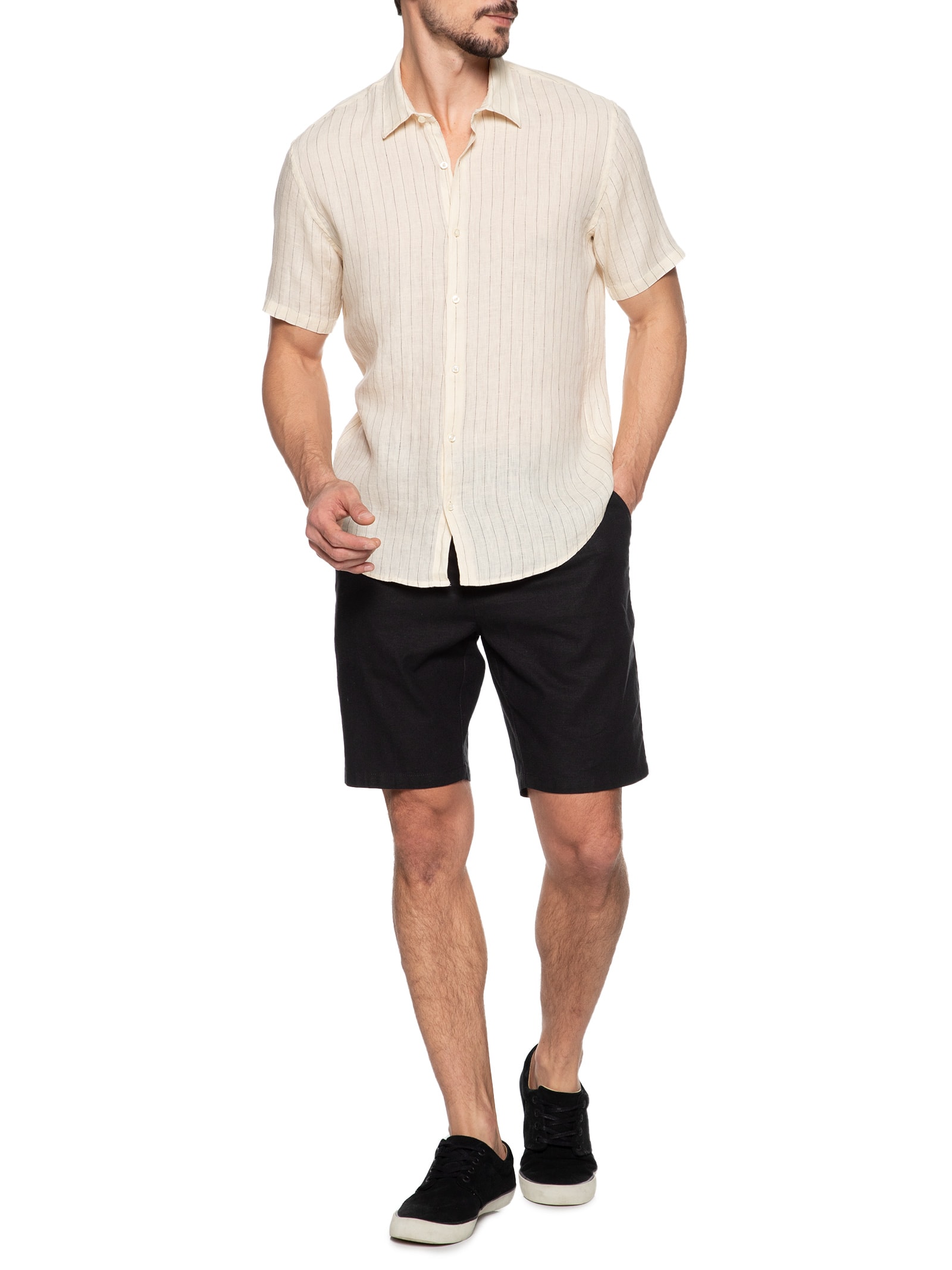 Camisa Masculina Manga Curta Puro Linho Listra Maldivas Bege Foxton