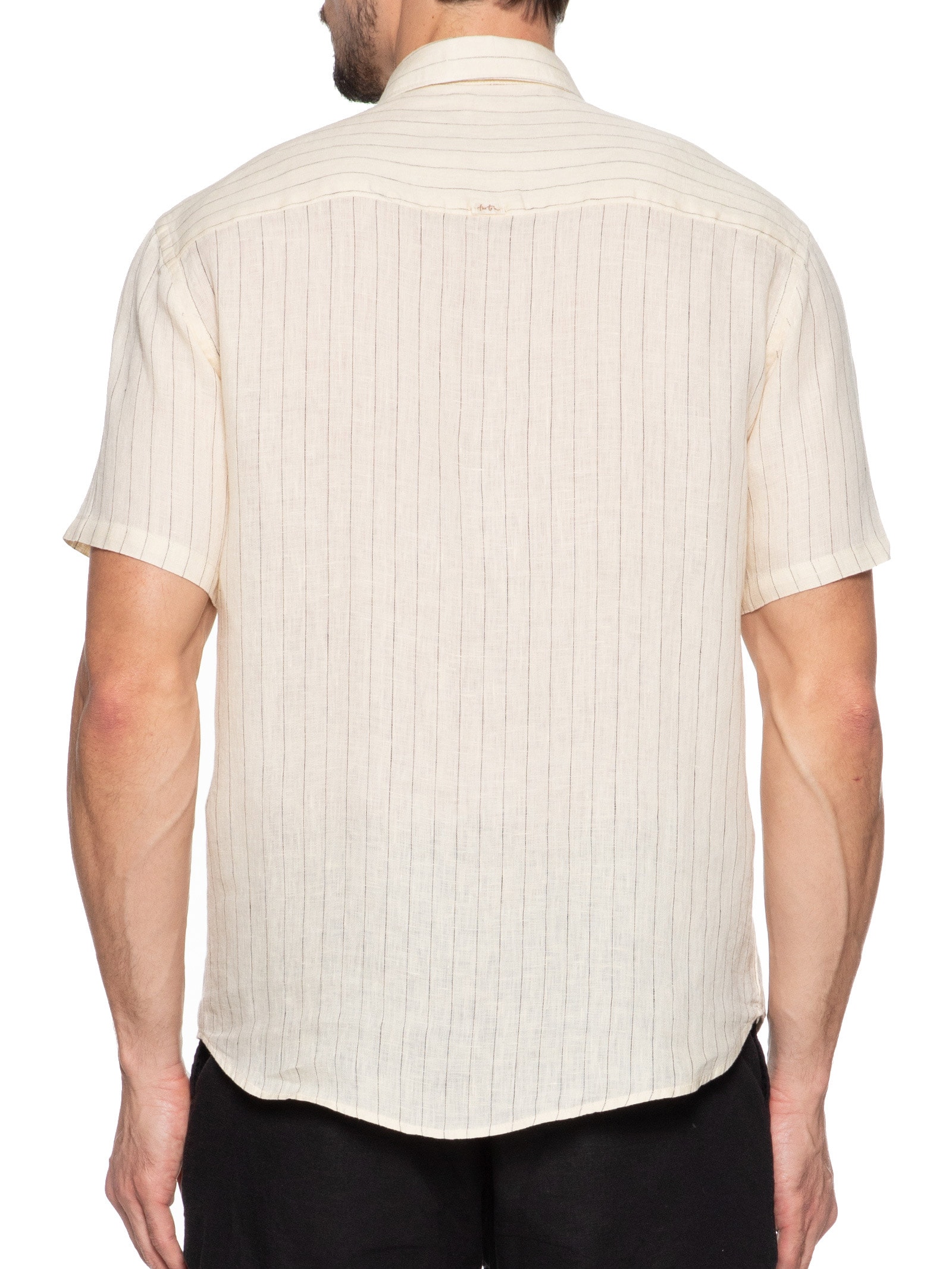 Camisa Masculina Manga Curta Puro Linho Listra Maldivas Bege Foxton