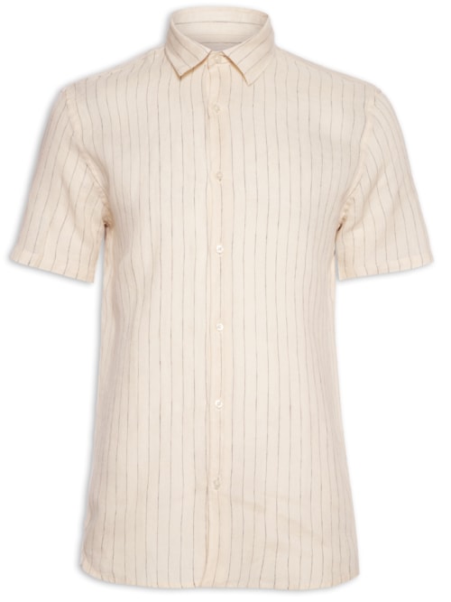 Camisa Masculina Manga Curta Puro Linho Listra Maldivas - Bege