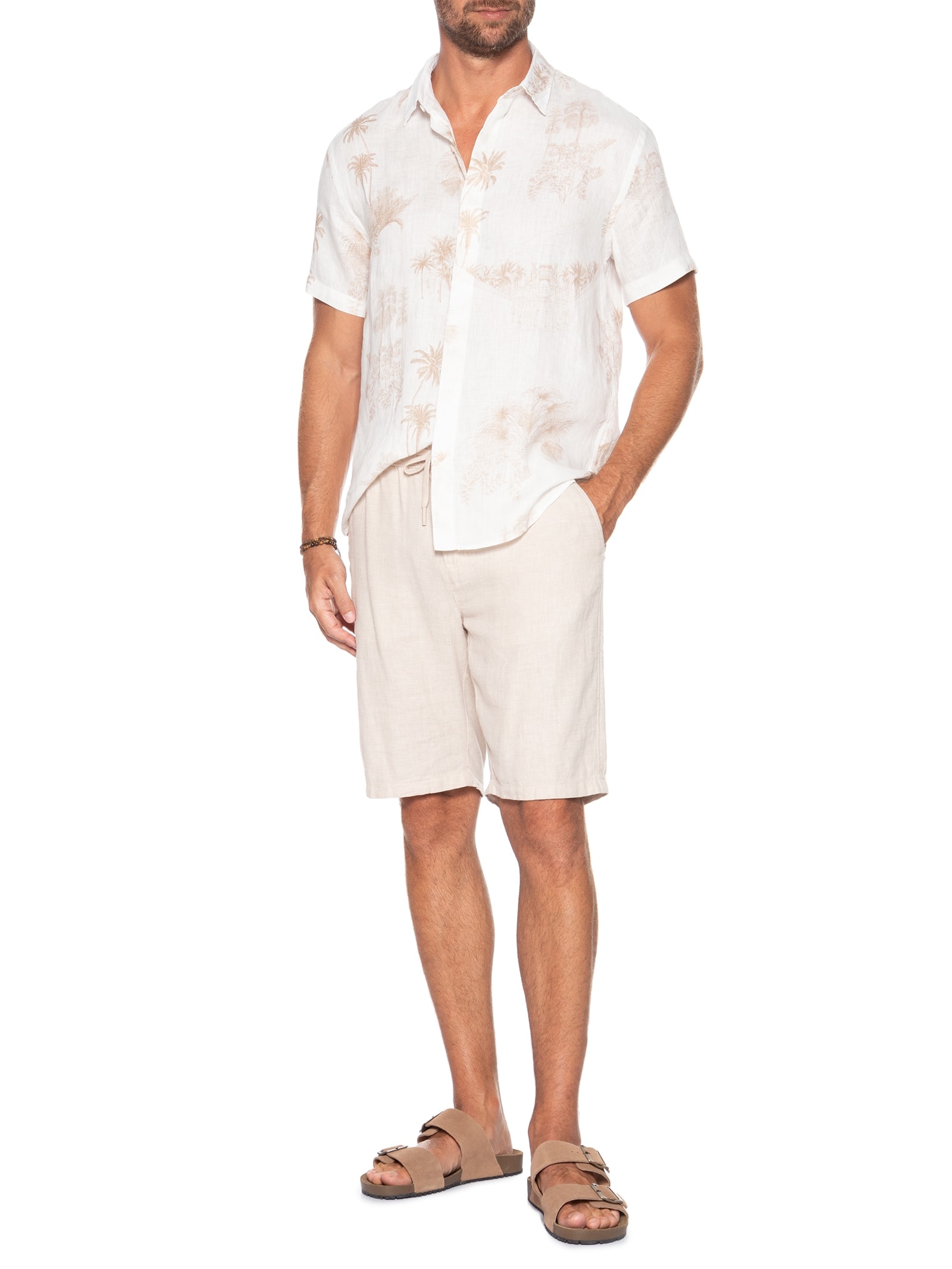 Camisa Masculina Manga Curta Puro Linho Off White Foxton