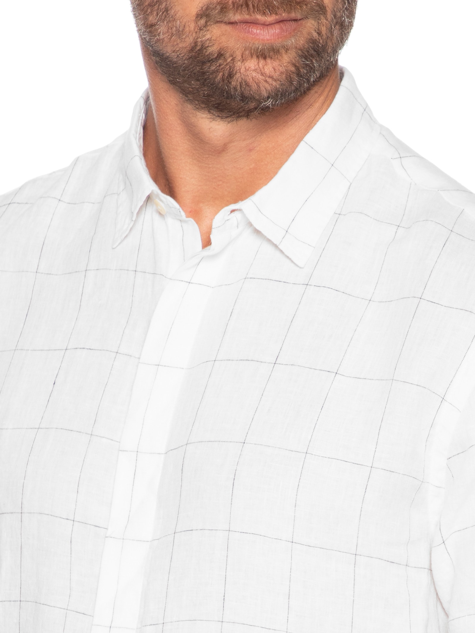 Camisa Masculina Manga Curta Puro Linho Xadrez Egeu Branco Foxton