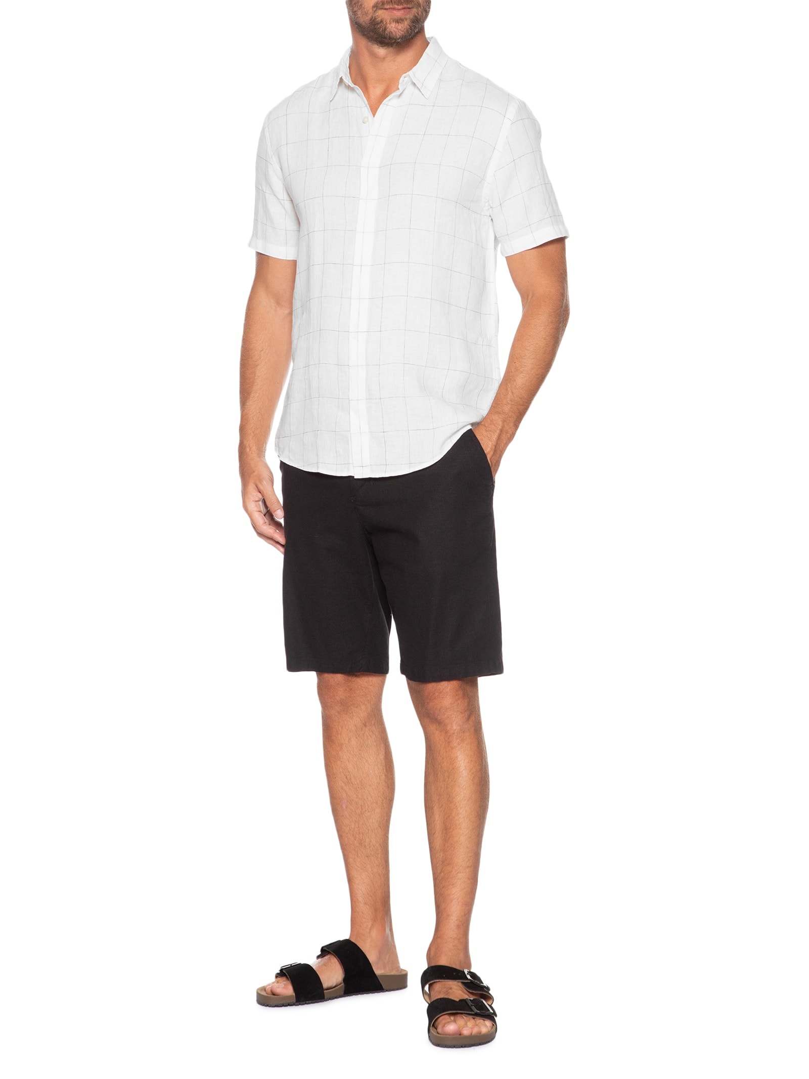 Camisa Masculina Manga Curta Puro Linho Xadrez Egeu Branco Foxton