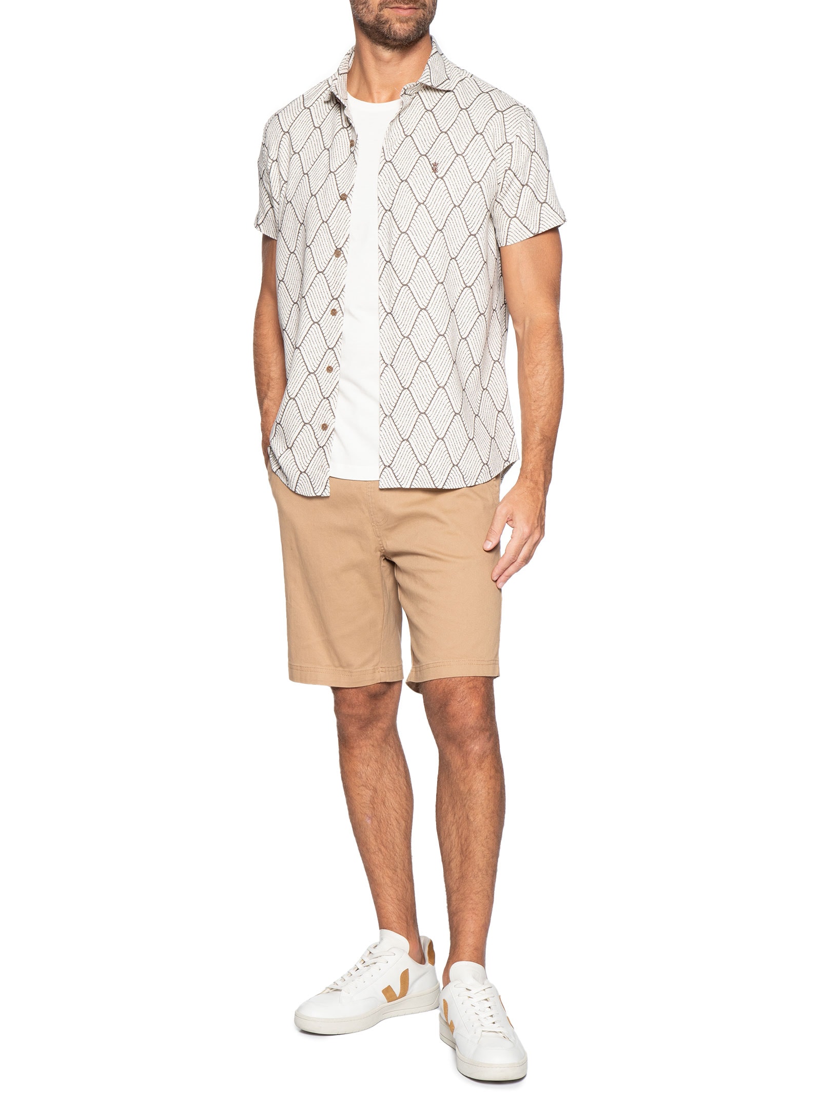 Camisa Masculina Manga Curta Rústica Waves Bege Sergio K