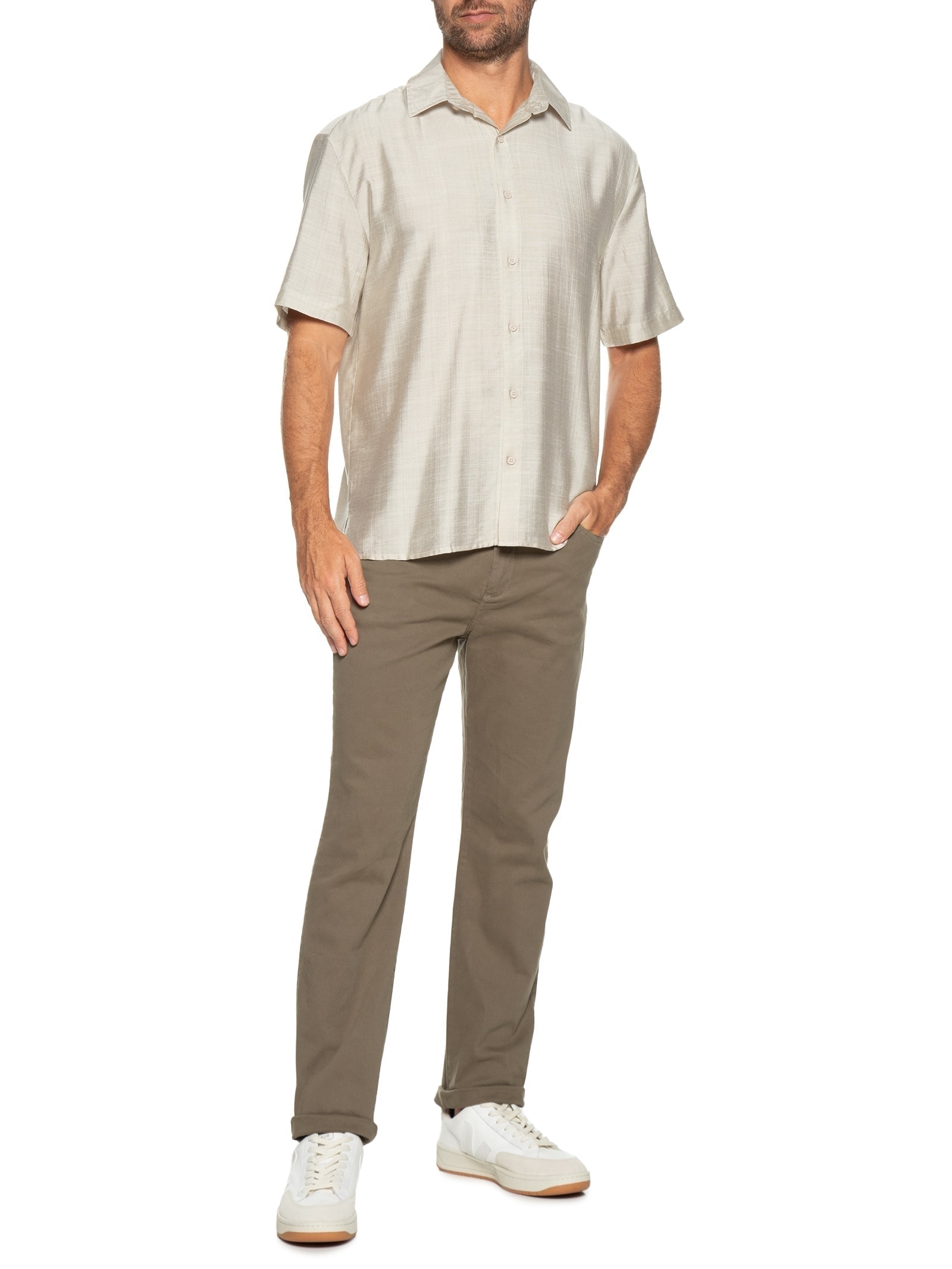 Camisa Masculina Manga Curta Texturizada Bege '2 Essential