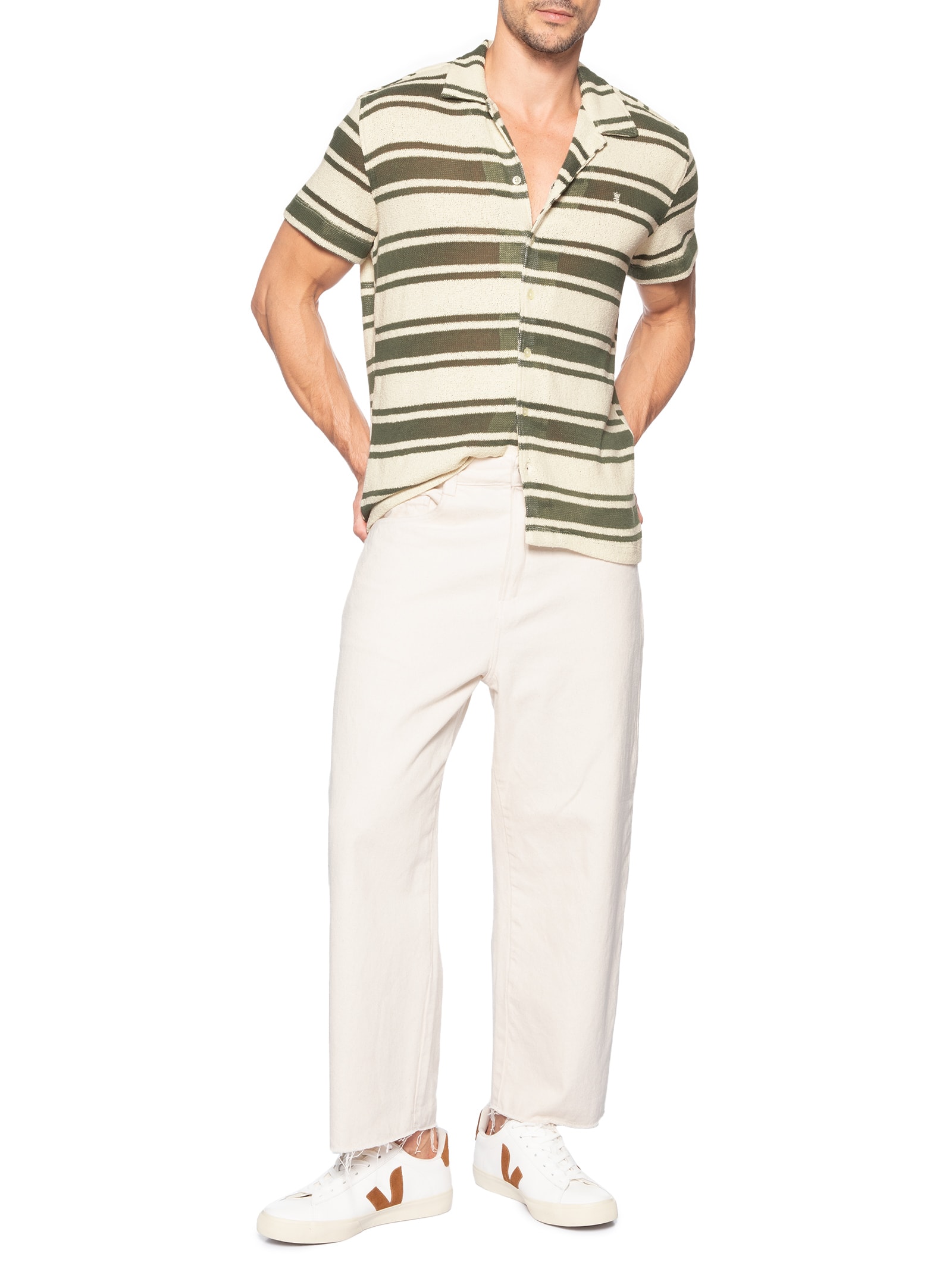 Camisa Masculina Manga Curta Tricot Maxi Listras Verde Sergio K