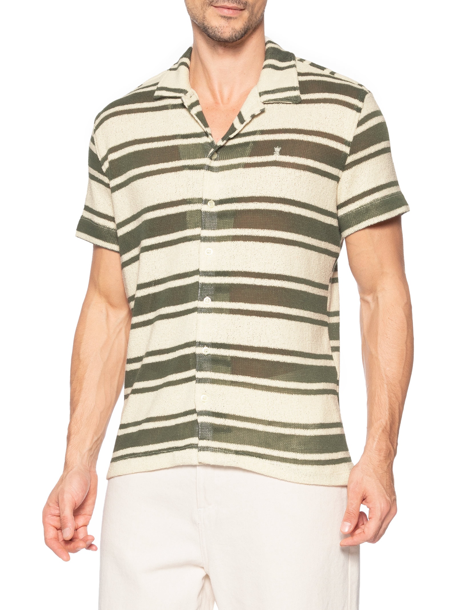 Camisa Masculina Manga Curta Tricot Maxi Listras Verde Sergio K