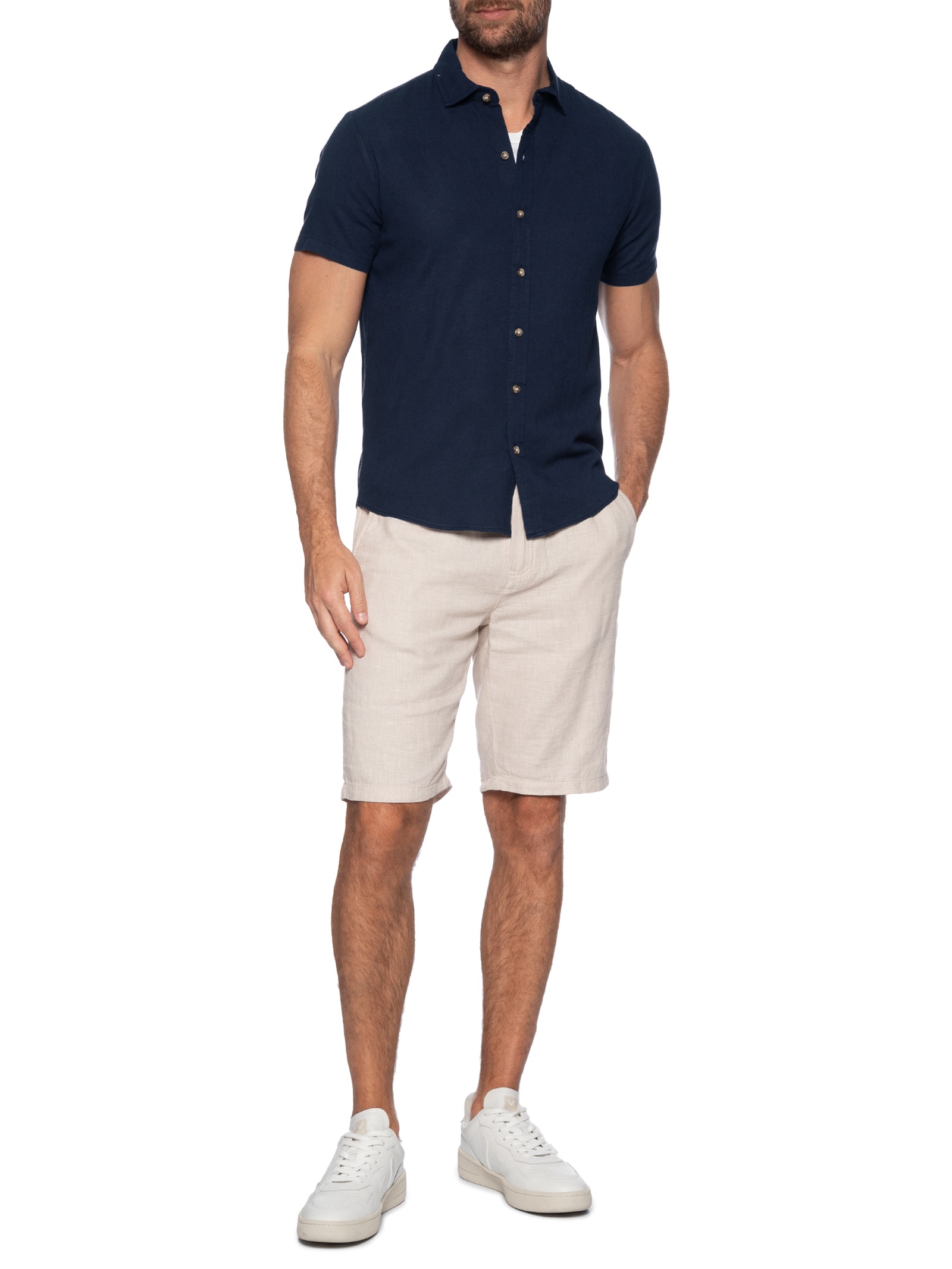 Camisa Masculina Manga Curta Viscolinho Azul Basiq Men