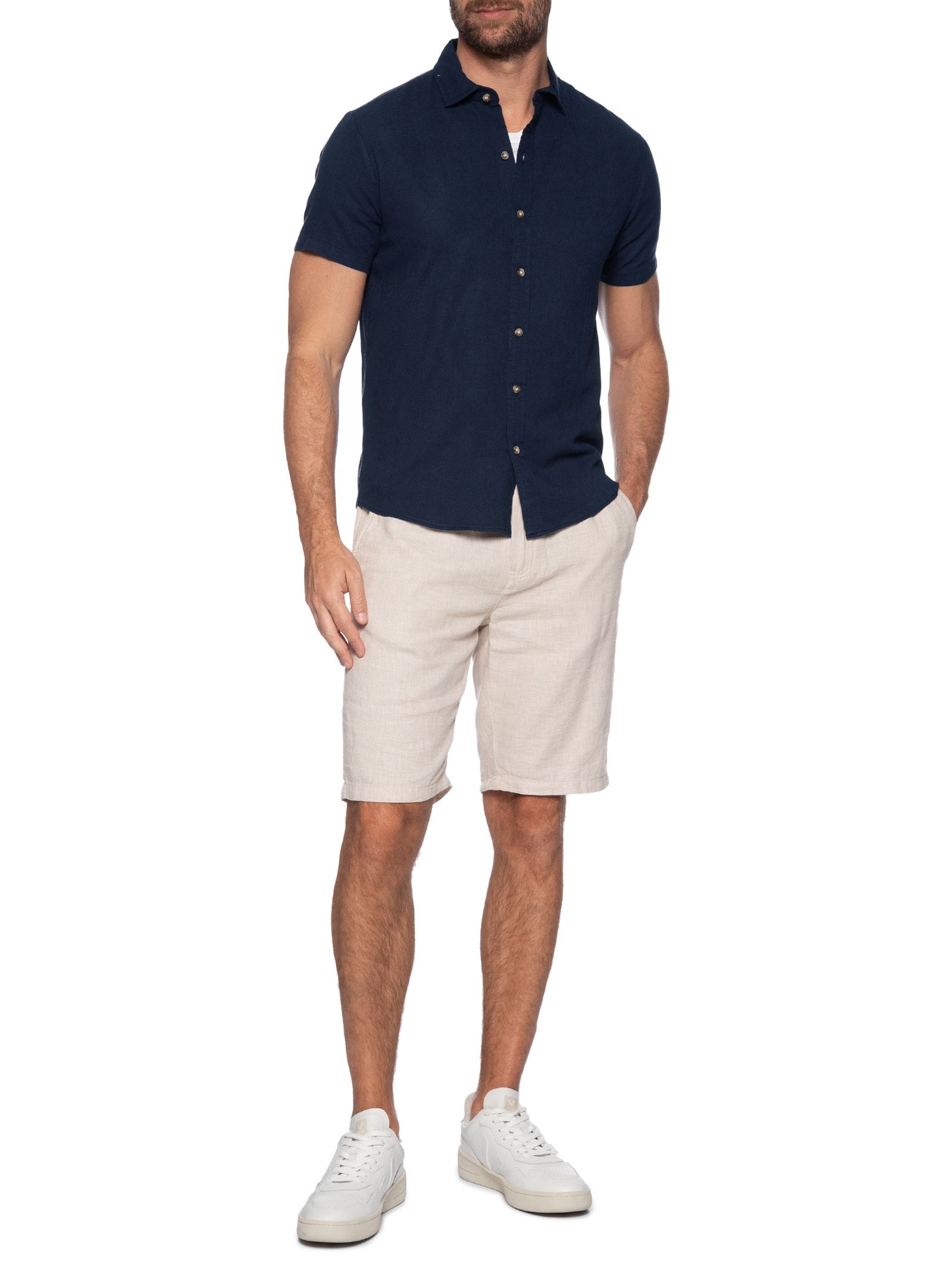 Camisa Masculina Manga Curta Viscolinho Azul Basiq Men