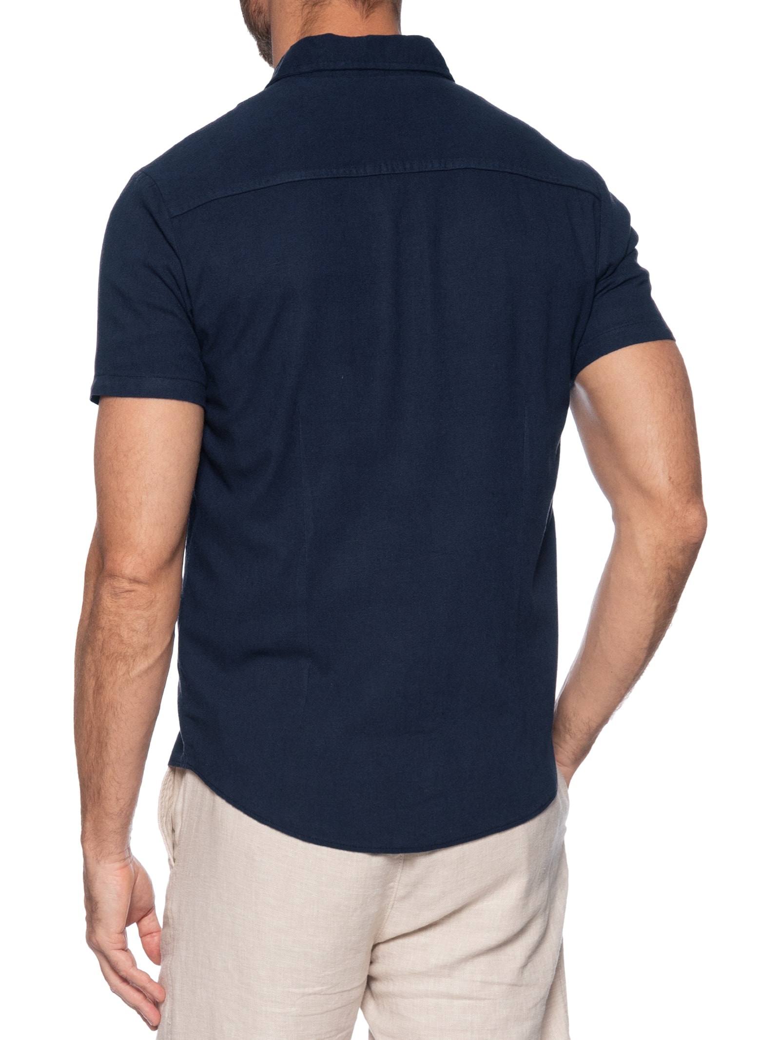 Camisa Masculina Manga Curta Viscolinho Azul Basiq Men