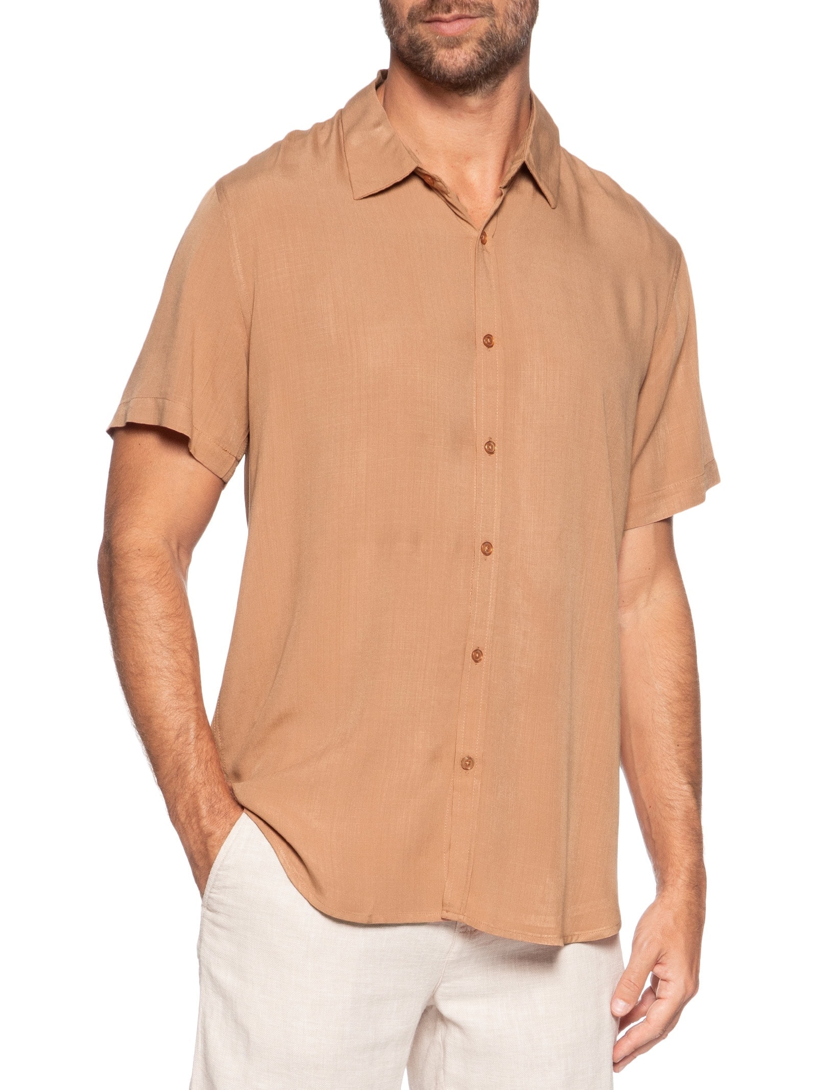 Camisa Masculina Manga Curta Viscose Marrom Basiq Men