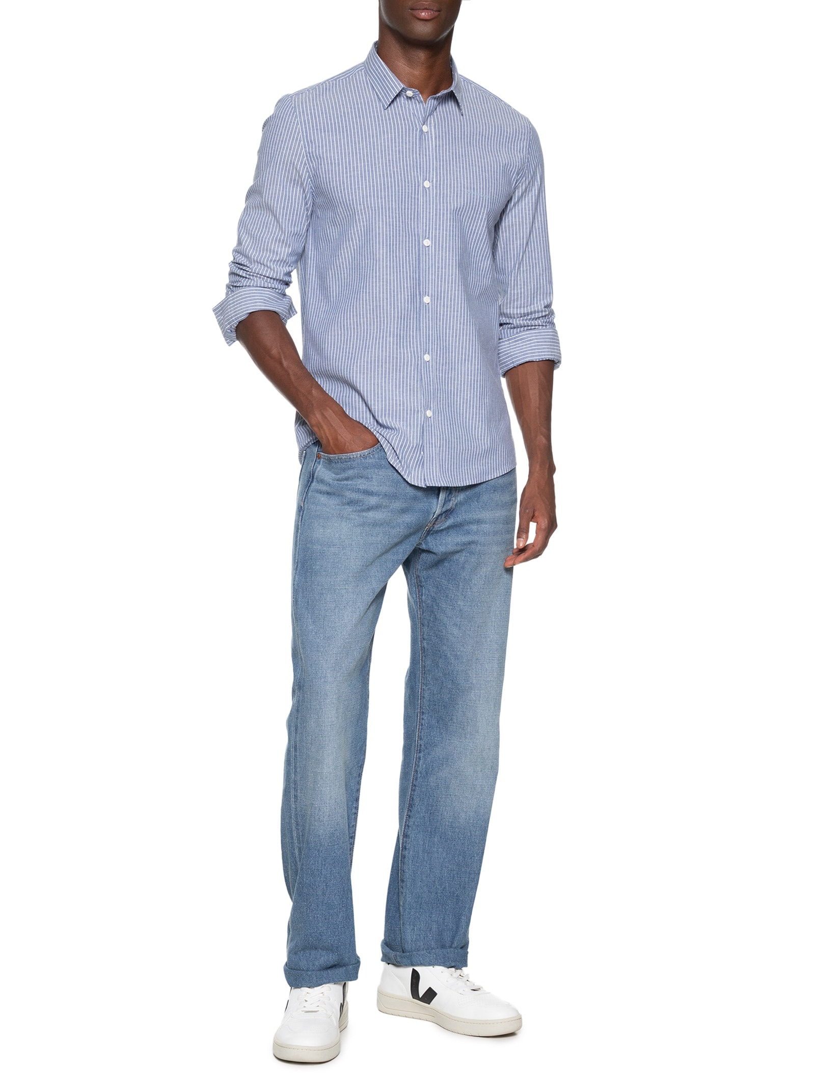 Camisa Masculina Manga Longa Classic Stripes Azul Calvin Klein Jeans