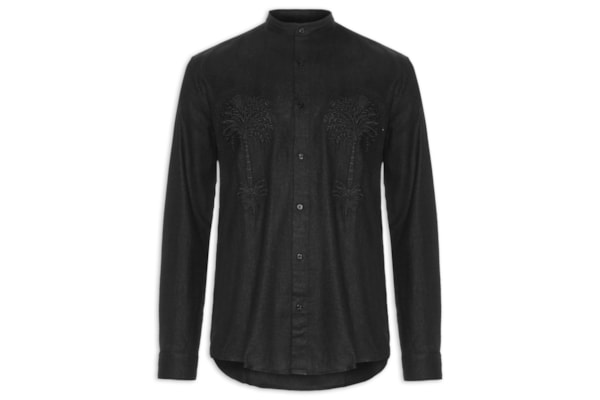 Camisa Masculina Manga Longa Colarless Bordado - Preto