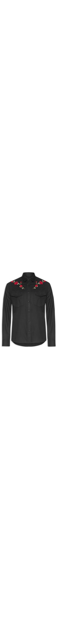 Camisa Masculina Manga Longa Cotton Bordados Rosas - Preto