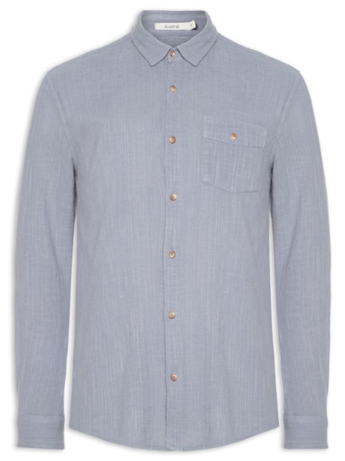 Camisa Masculina Manga Longa Em Algodão Rústico – Azul