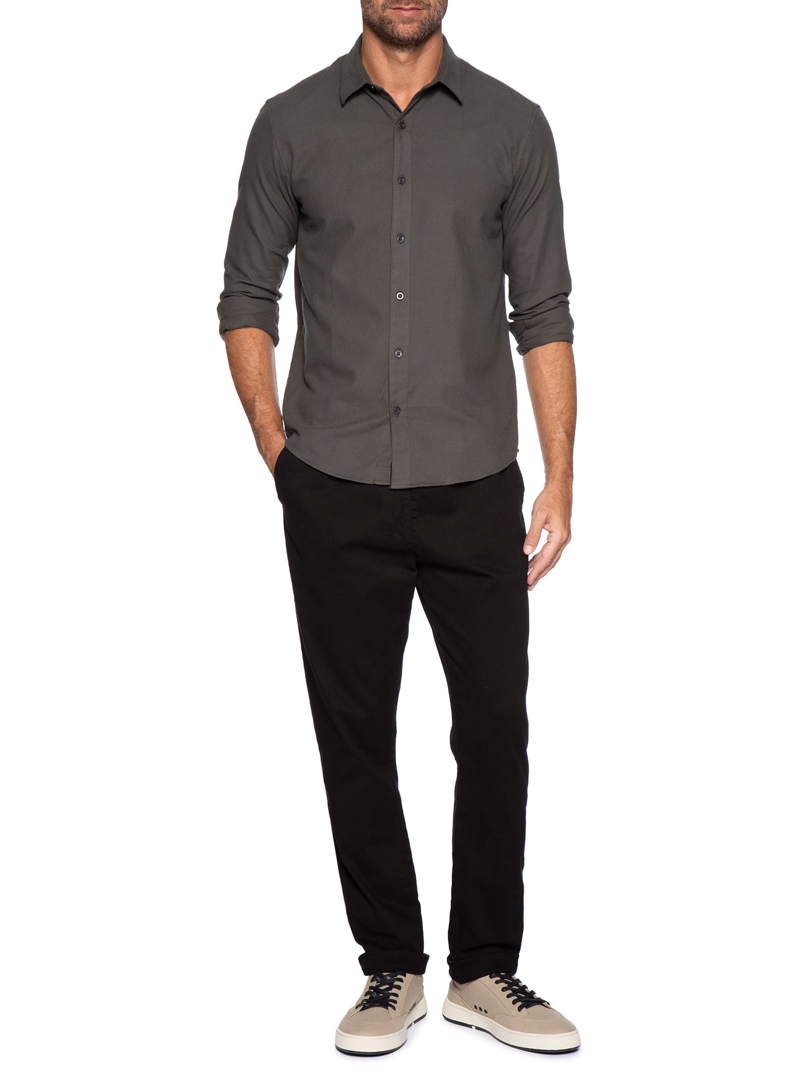 Camisa Masculina Manga Longa Flanela Lisa Marrom Foxton