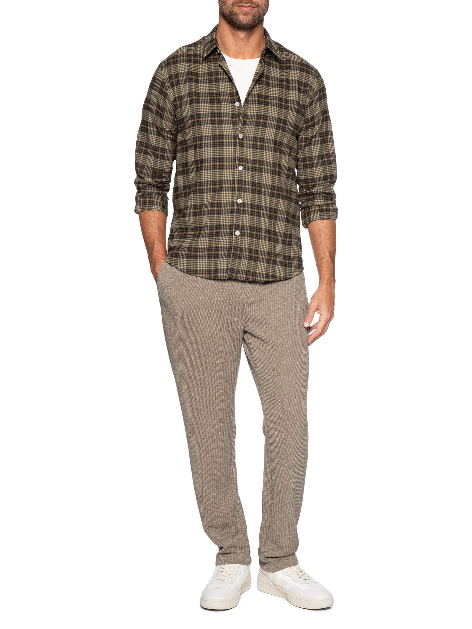 Camisa Masculina Manga Longa Flanela Xadrez Deserto Marrom Foxton