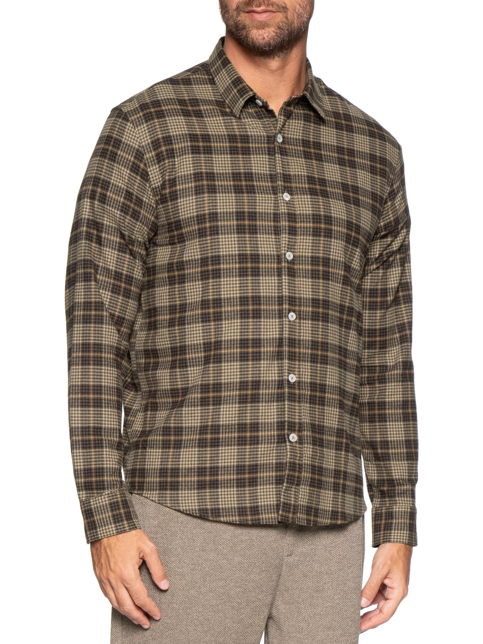 Camisa Masculina Manga Longa Flanela Xadrez Deserto Marrom Foxton