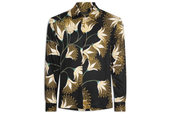 Camisa Masculina Manga Longa Floral Trama - Preto