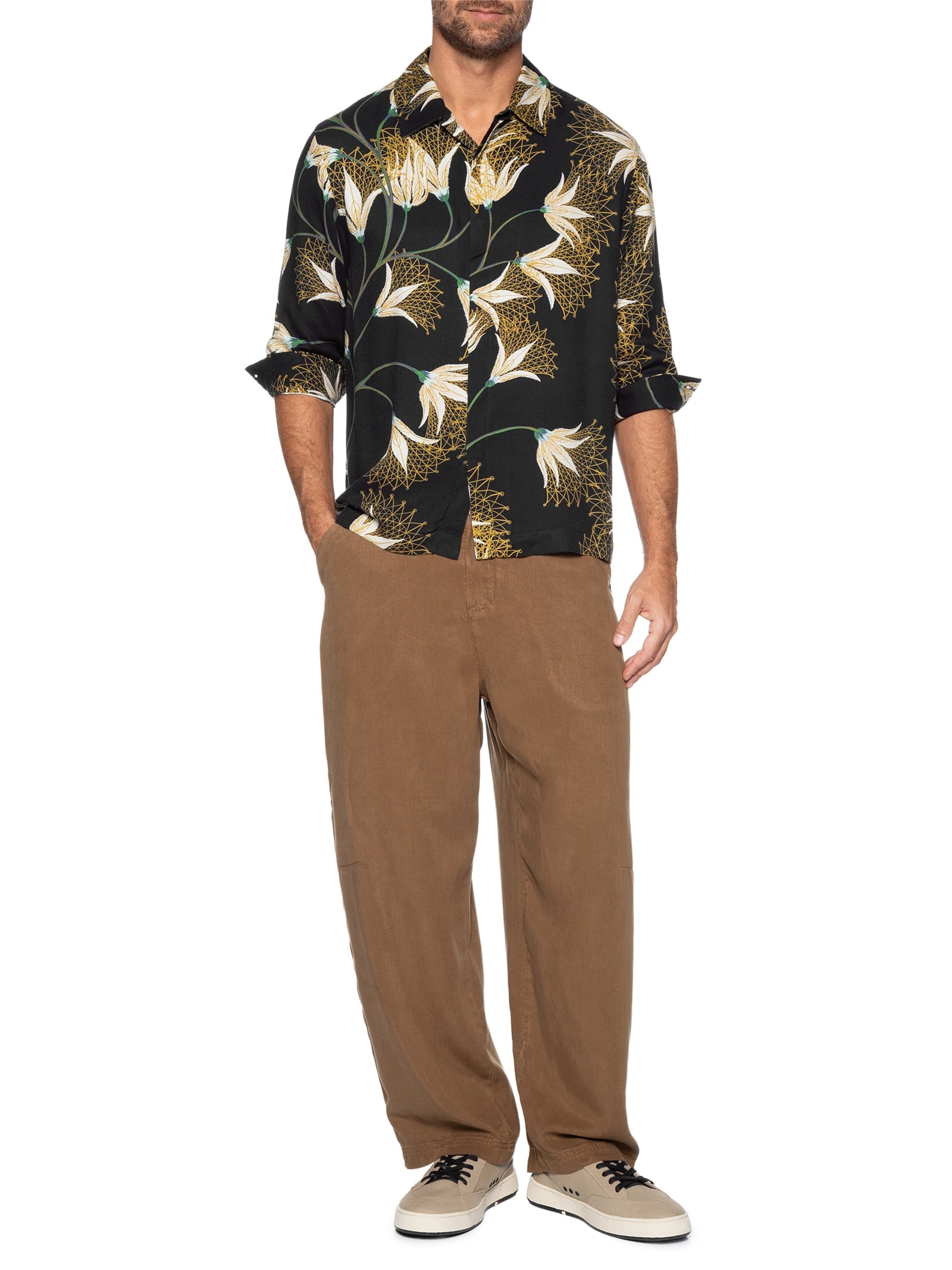 Camisa Masculina Manga Longa Floral Trama Preto Osklen