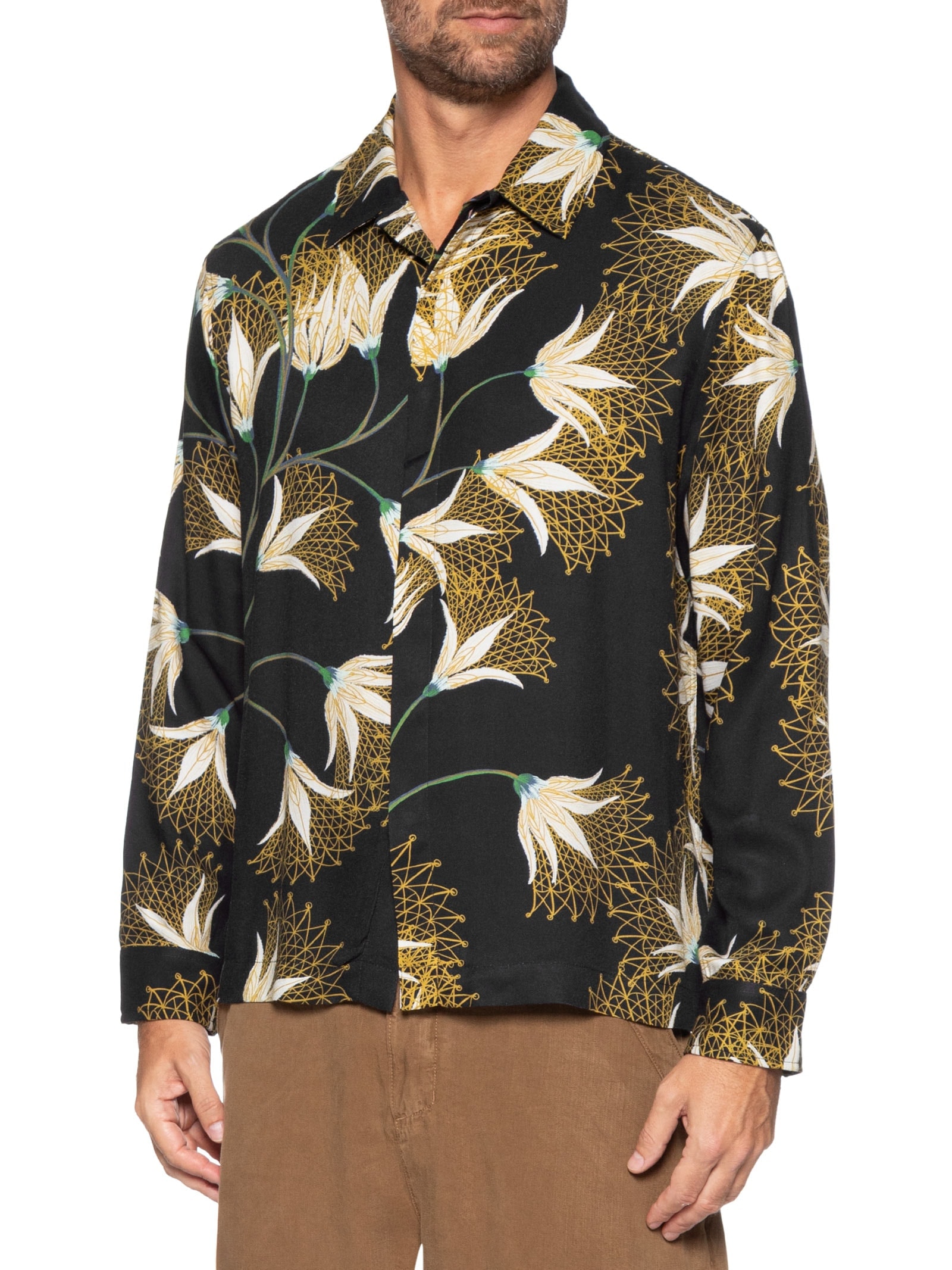 Camisa Masculina Manga Longa Floral Trama Preto Osklen