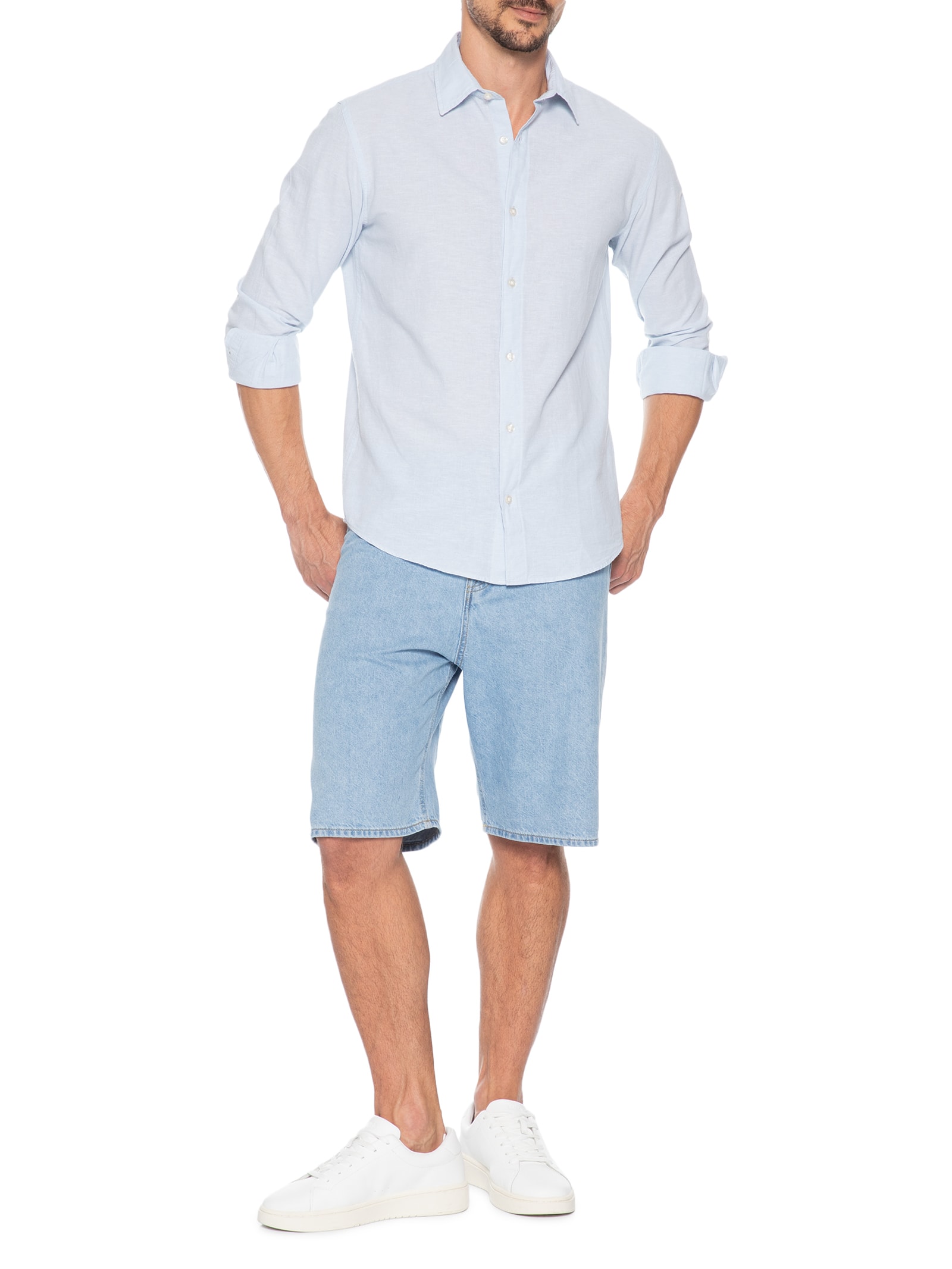 Camisa Masculina Manga Longa Gola Resort Blend De Linho Azul Jack & Jones