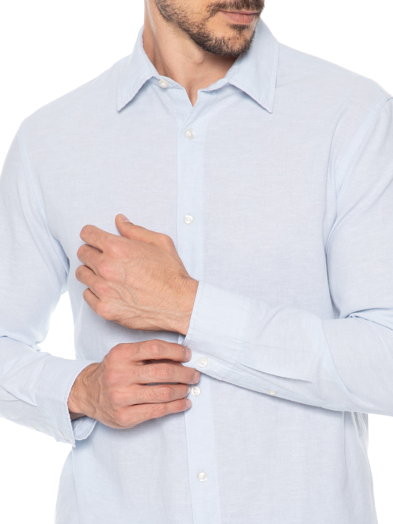 Camisa Masculina Manga Longa Gola Resort Blend De Linho Azul Jack & Jones