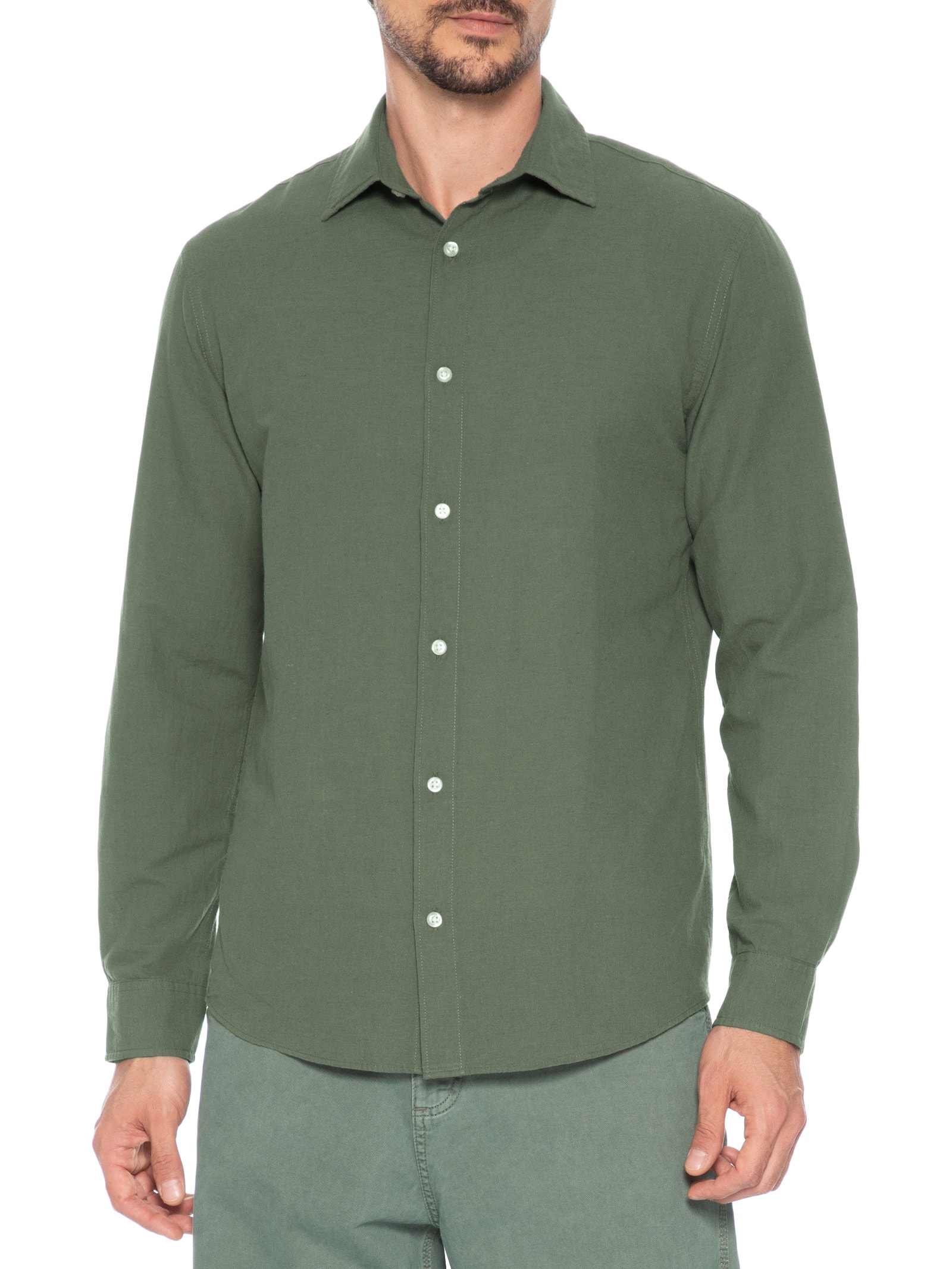 Camisa Masculina Manga Longa Gola Resort Blend De Linho Verde Jack & Jones