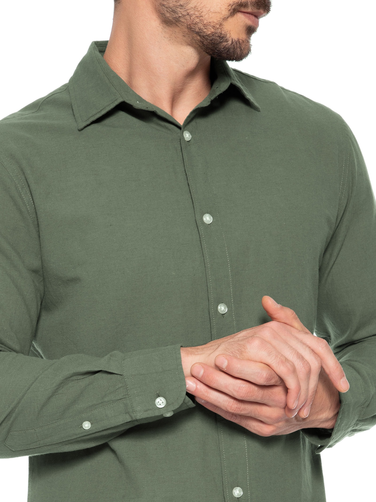 Camisa Masculina Manga Longa Gola Resort Blend De Linho Verde Jack & Jones