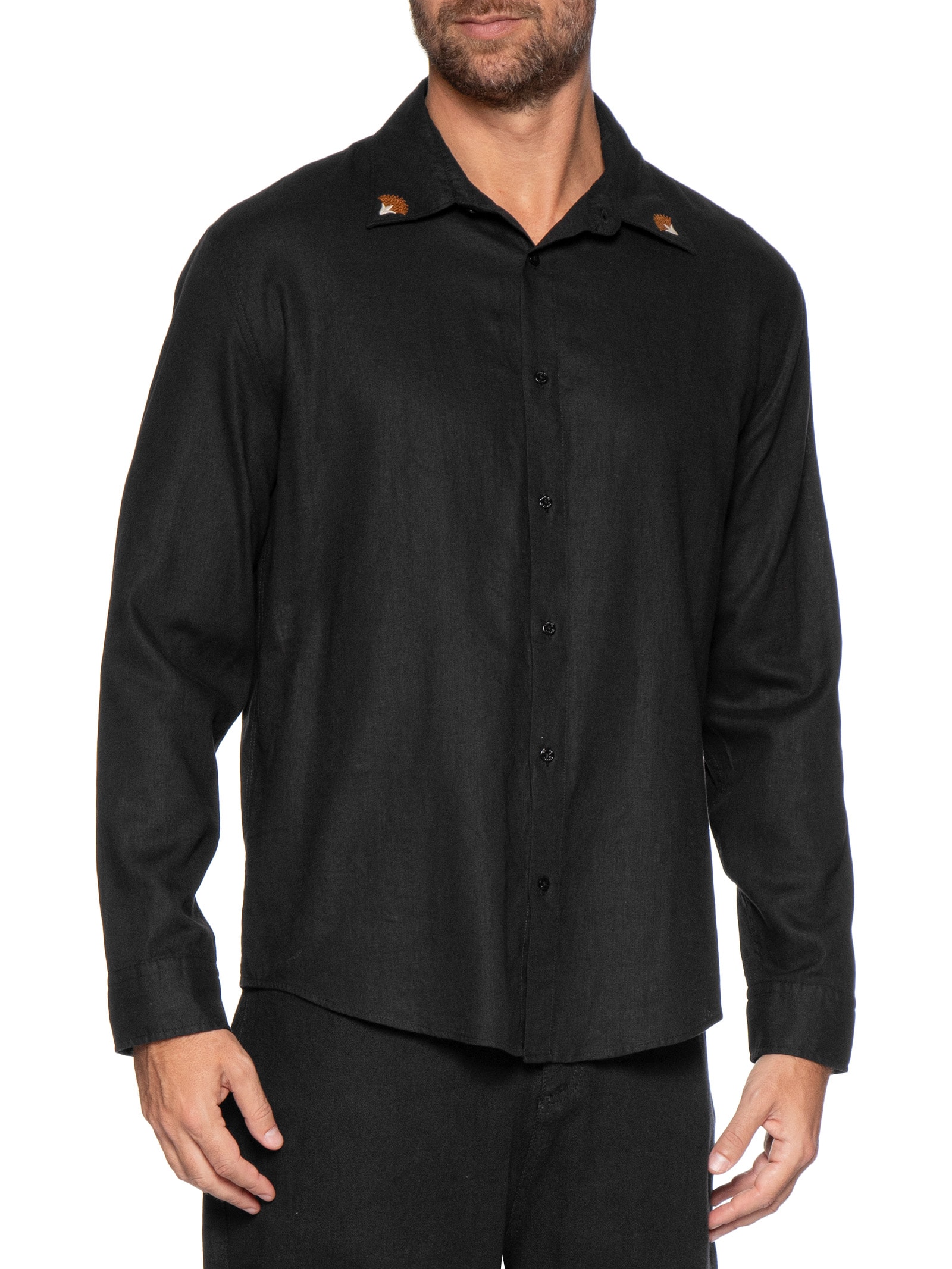 Camisa Masculina Manga Longa Linen Floral Trama Preto Osklen