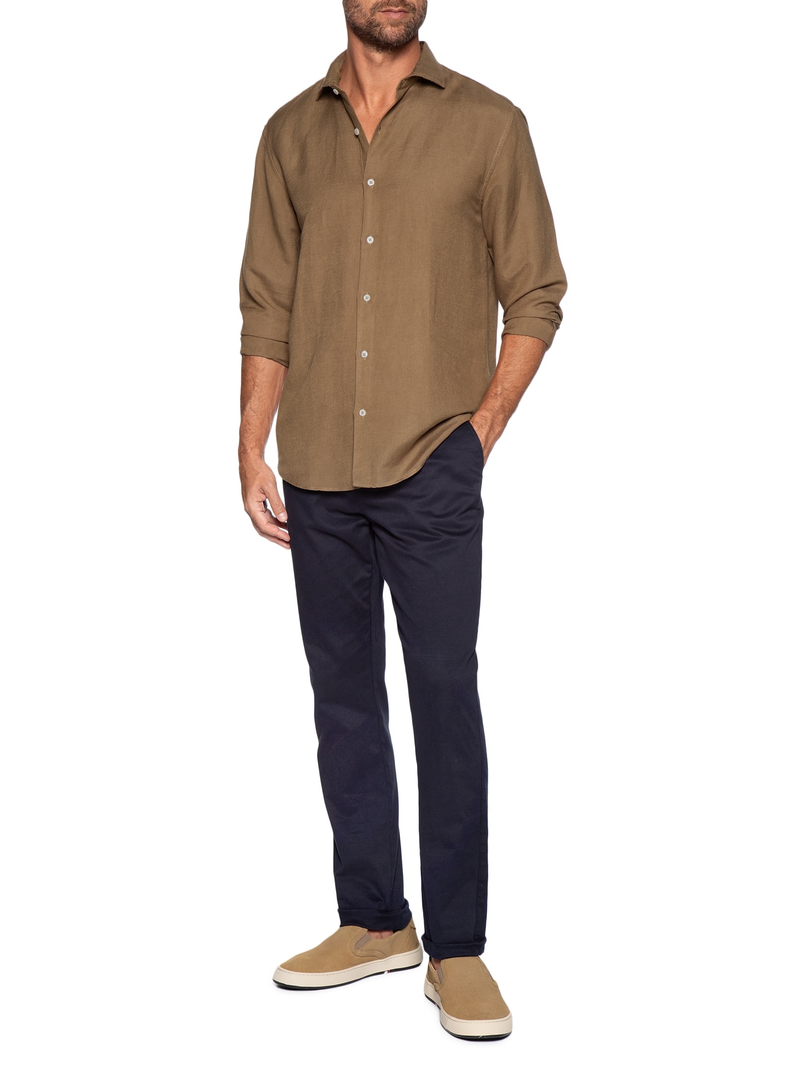 Camisa Masculina Manga Longa Linho Enseada New Marrom Foxton