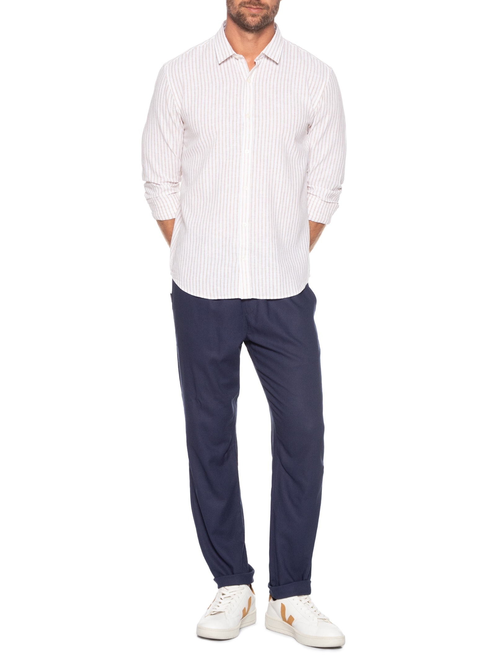 Camisa Masculina Manga Longa Linho Listra Atalaia Bege Foxton