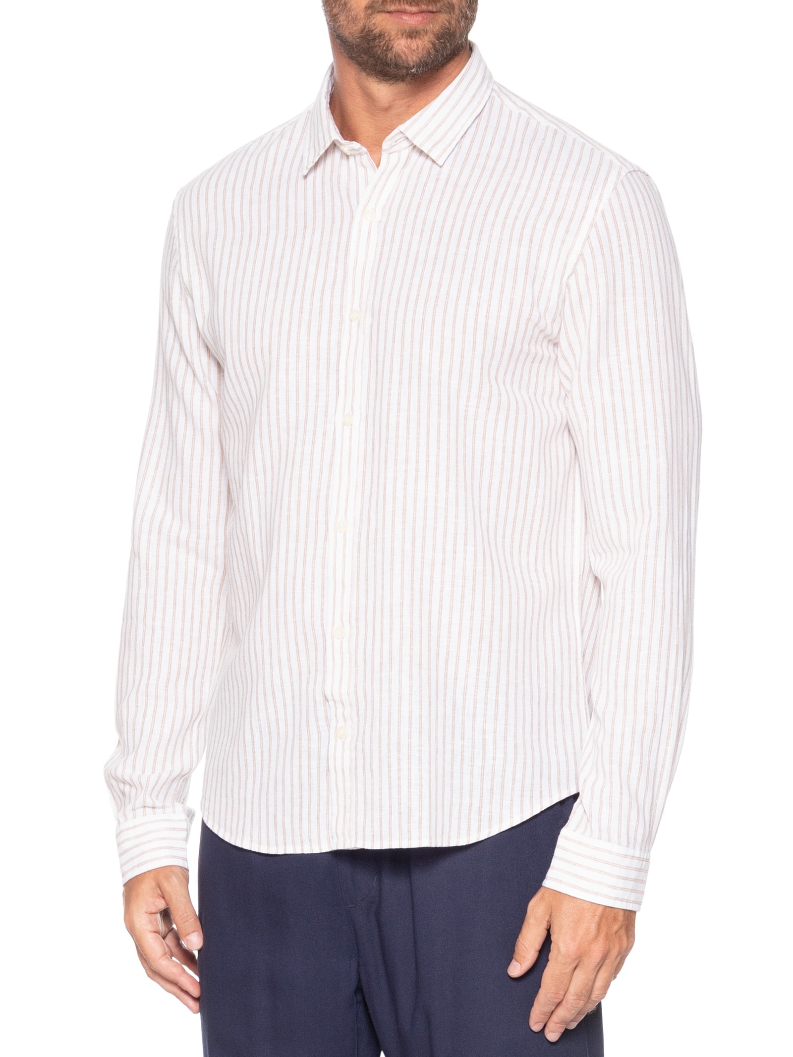 Camisa Masculina Manga Longa Linho Listra Atalaia Bege Foxton