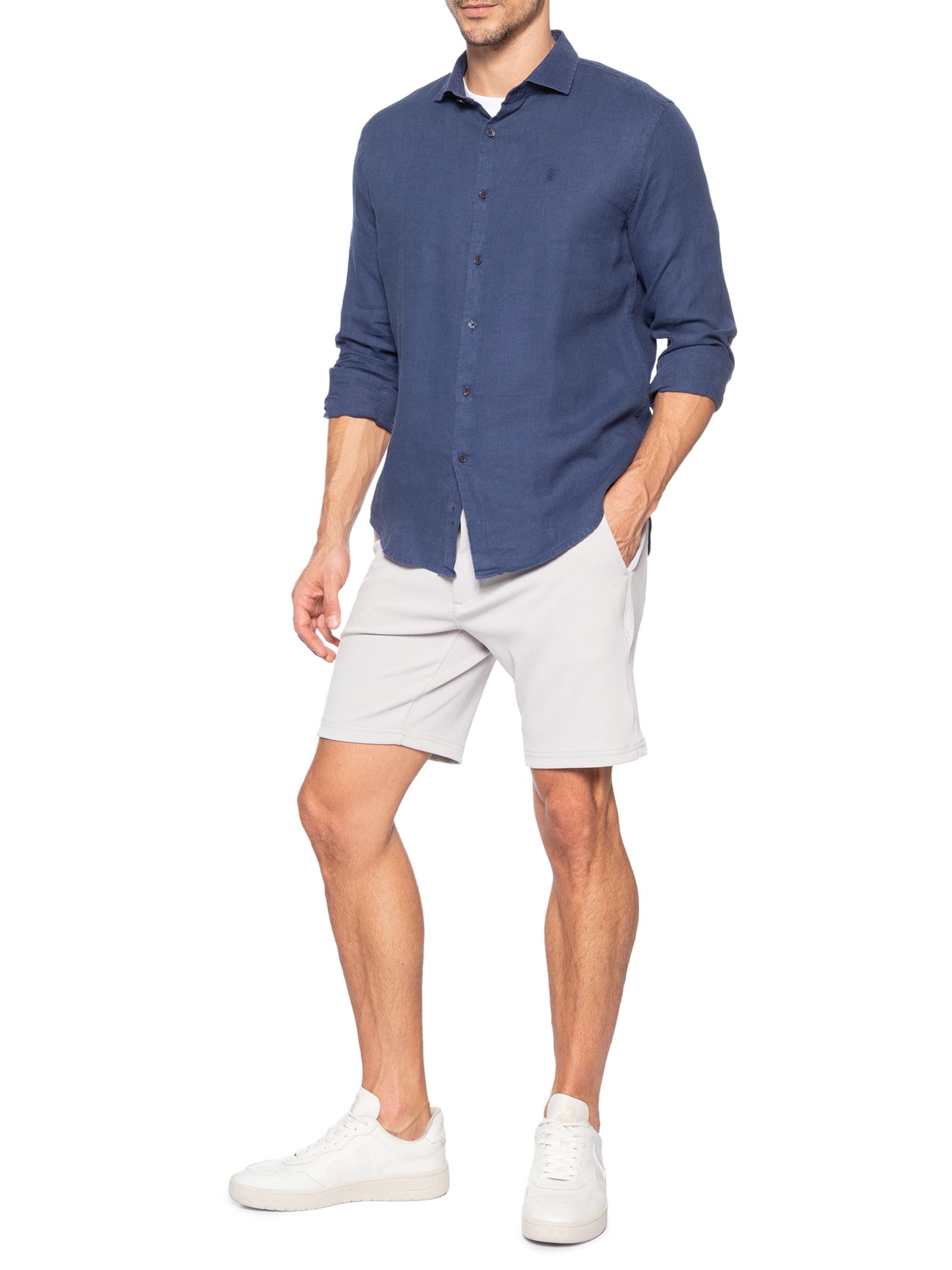 Camisa Masculina Manga Longa Linho Puro Tinturado Azul Sergio K