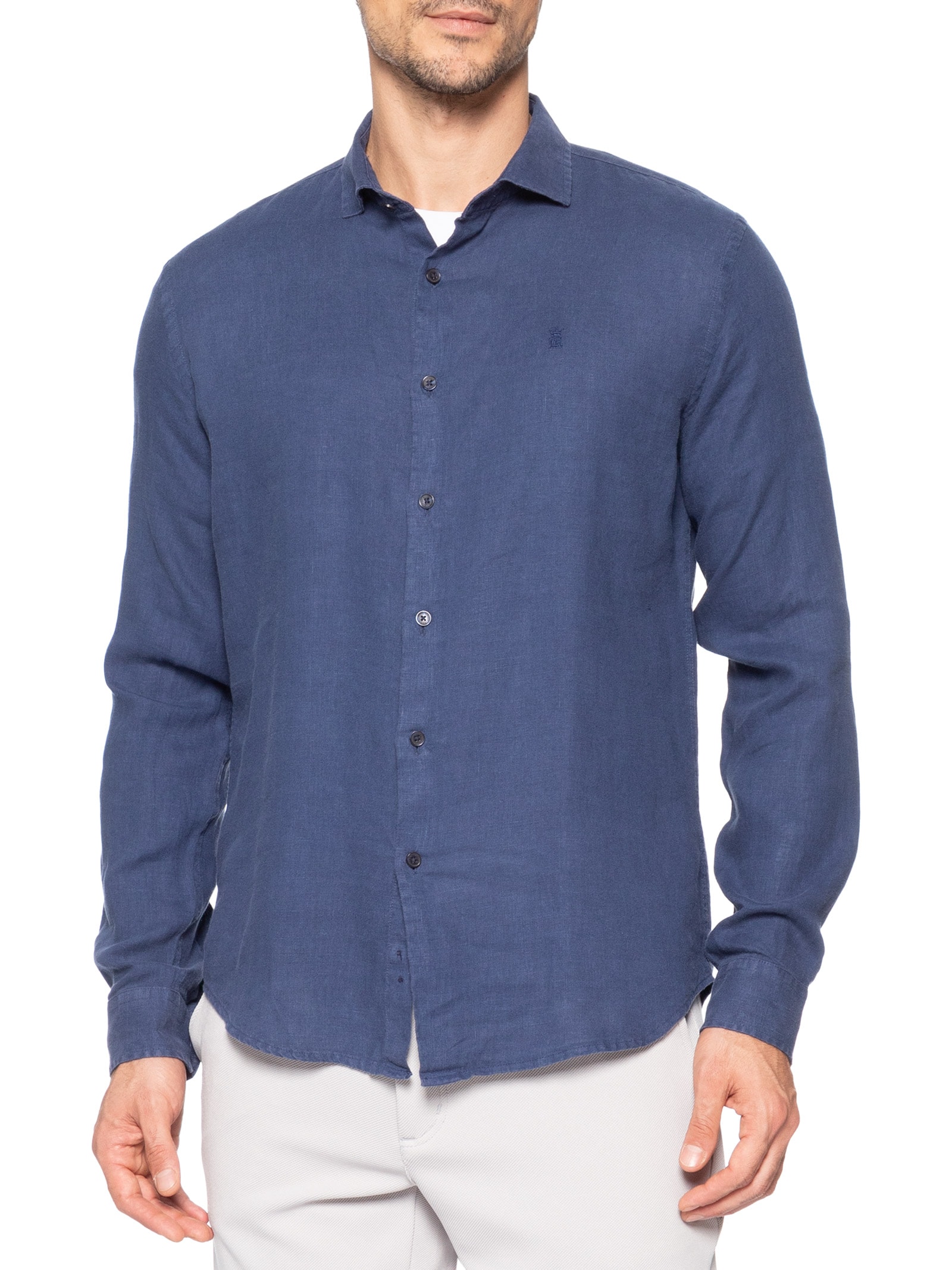 Camisa Masculina Manga Longa Linho Puro Tinturado Azul Sergio K