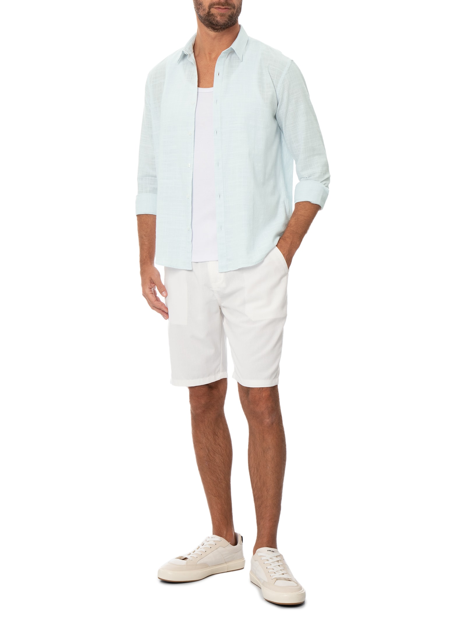 Camisa Masculina Manga Longa Mini Listra New Azul Claro Foxton