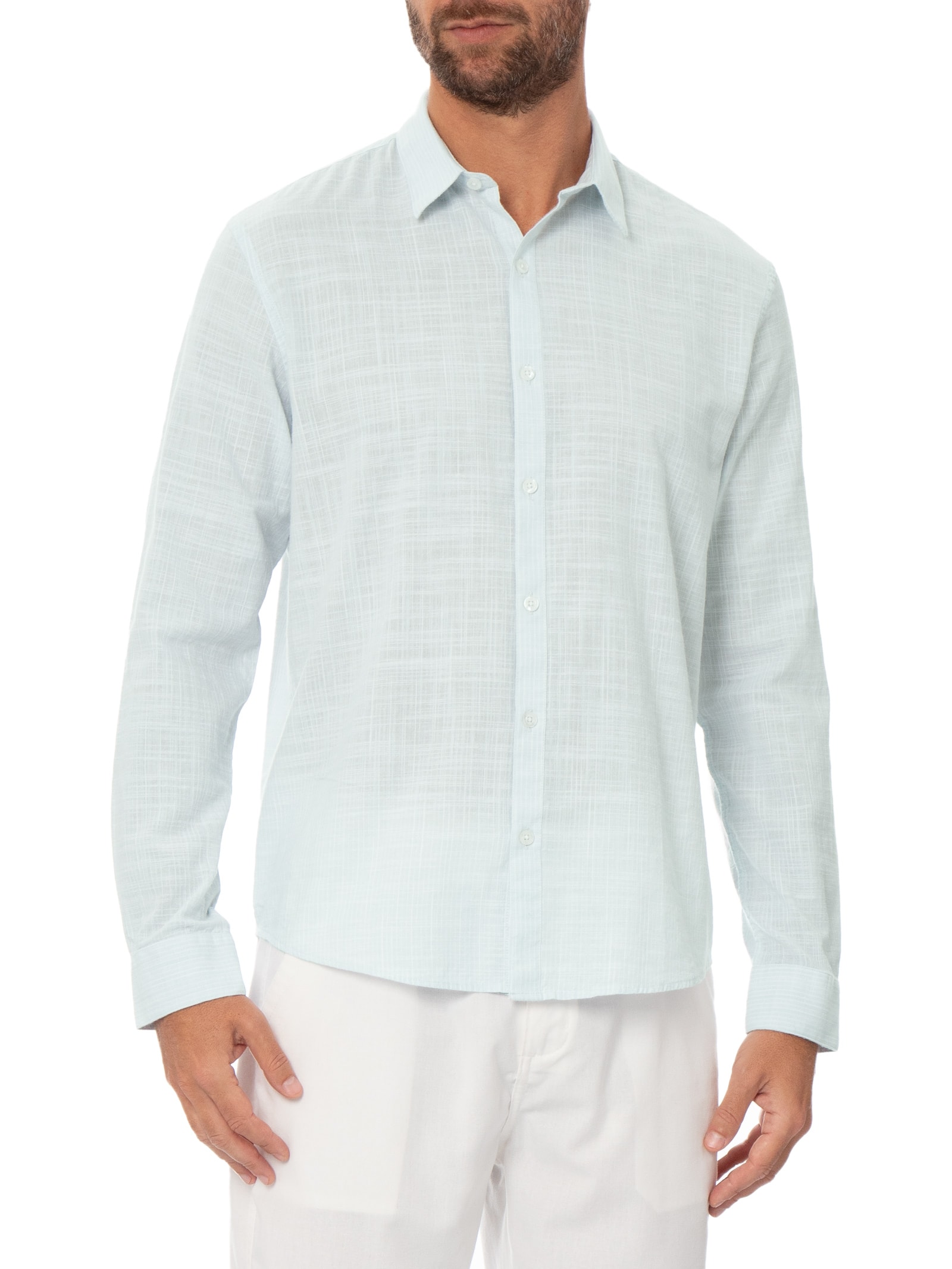 Camisa Masculina Manga Longa Mini Listra New Azul Claro Foxton