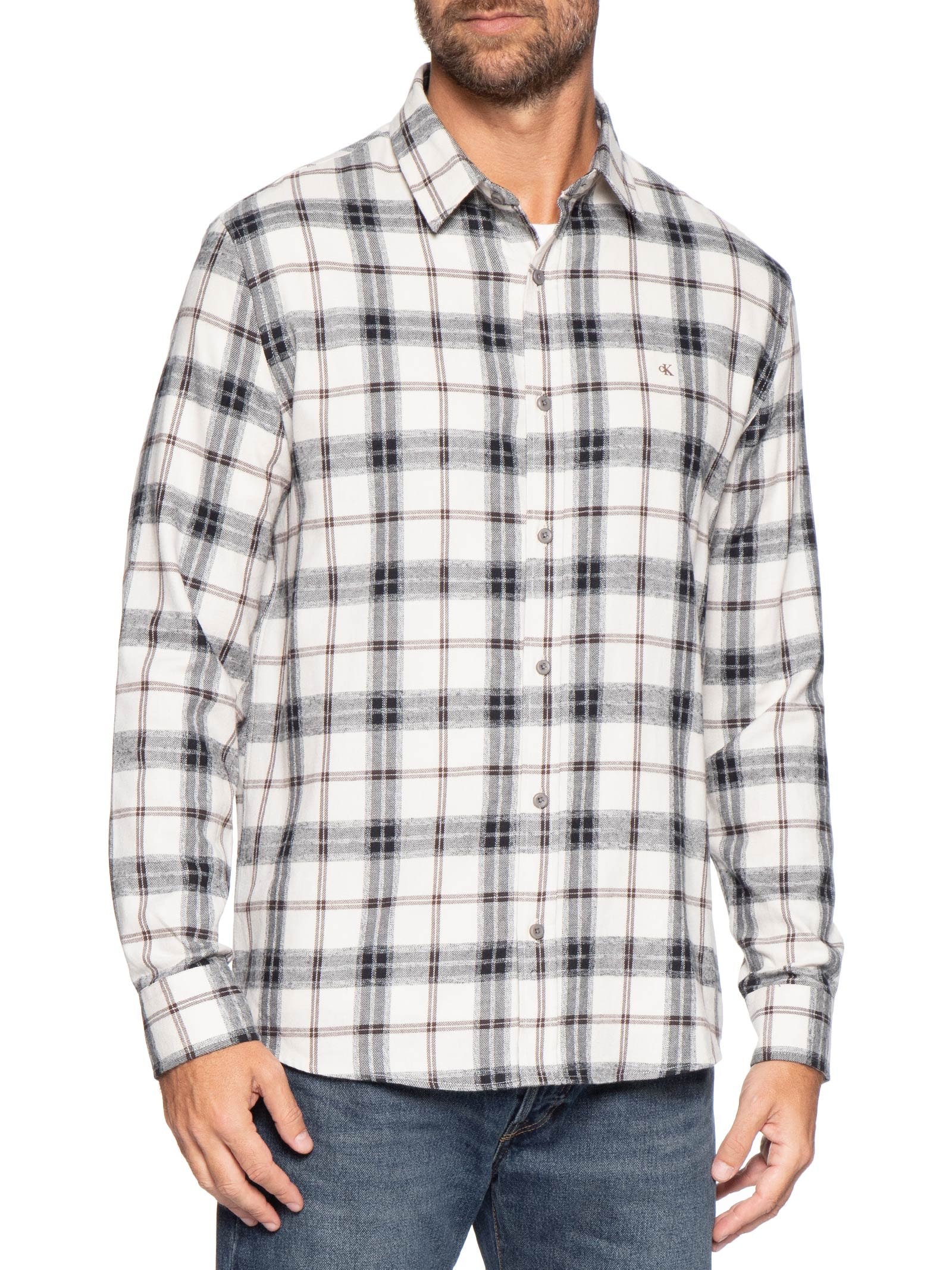 Camisa Masculina Manga Longa Overshirt Flanel Check Branco Calvin Klein Jeans